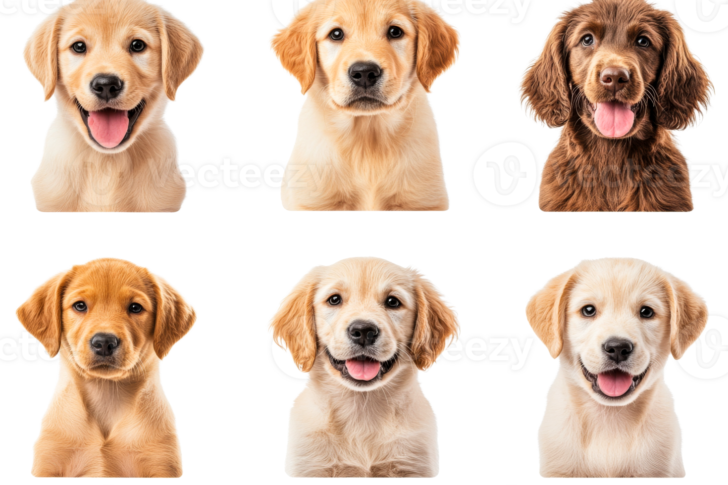 Six adorable puppy portraits with different fur colors , cut out transparent png