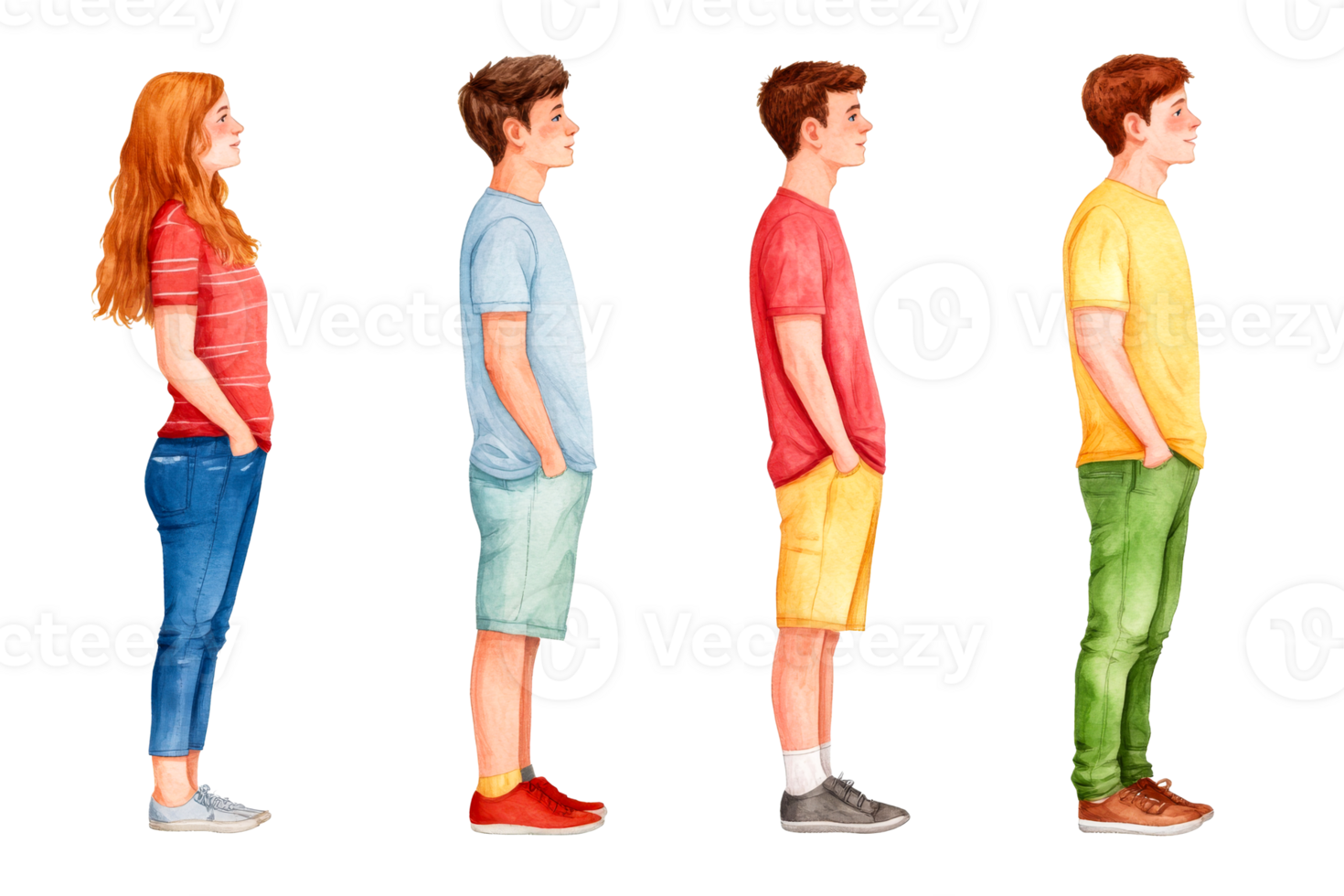 Standing in a row teenagers in colored clothes on a black background, cut out transparent png