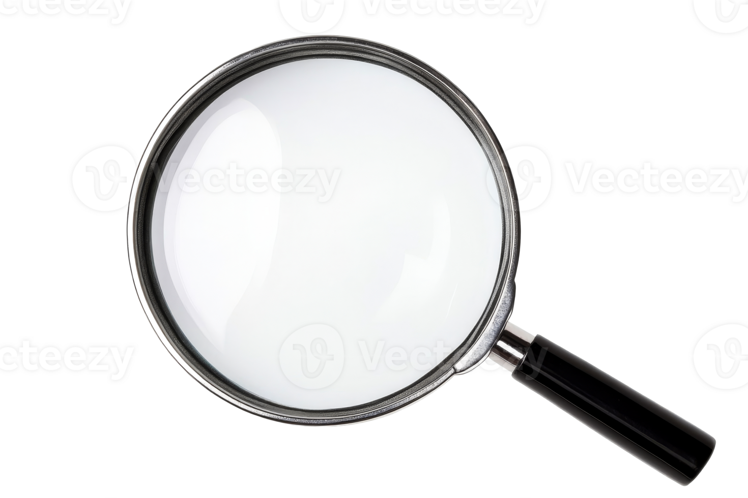 Magnifying glass with black handle on dark background, close up, cut out transparent png