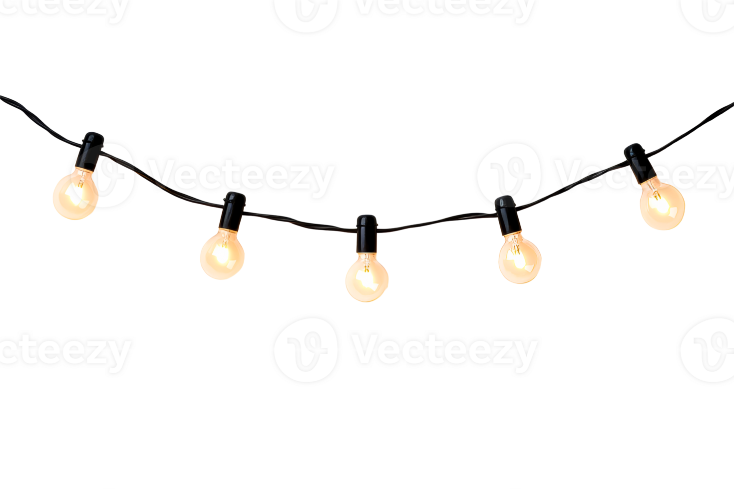 Glowing lightbulbs strand decor element on black background, cut out transparent png