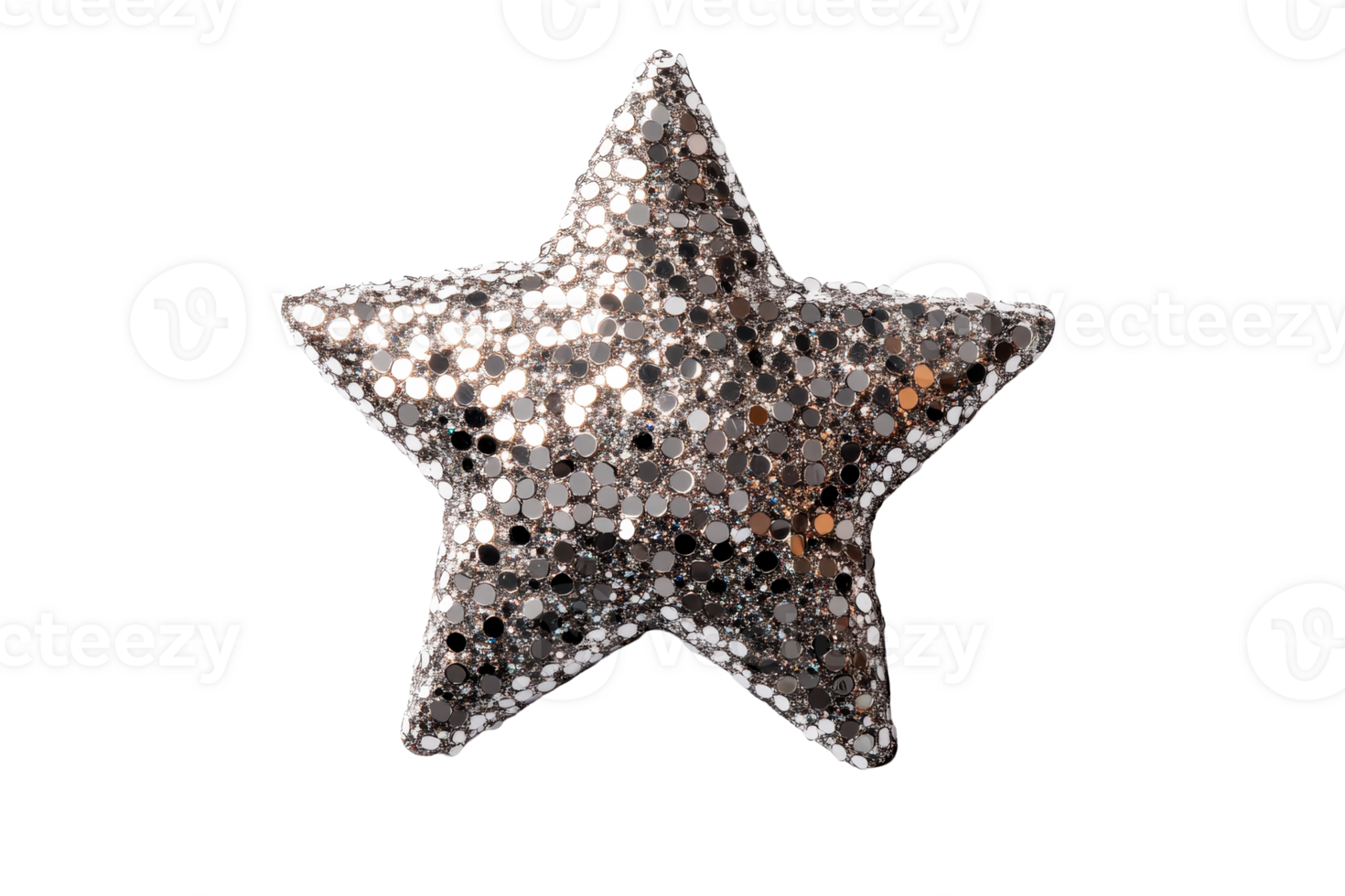 Shiny sequined star decoration isolated on black background, cut out transparent png