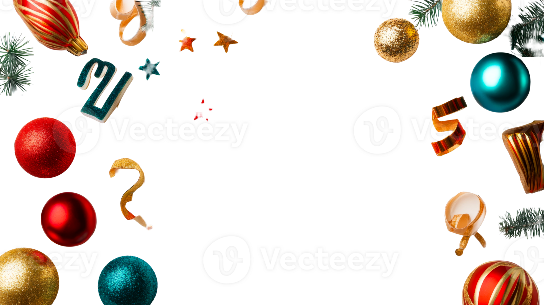 Festive Christmas Ornaments and Decorations on Black Backdrop, cut out transparent png