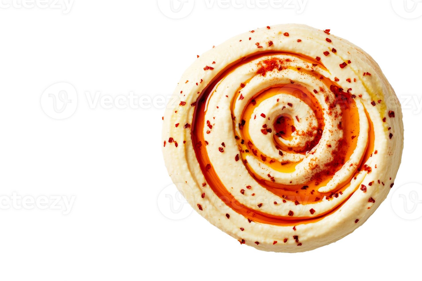 Swirled hummus topped with chili flakes and oil, cut out transparent png