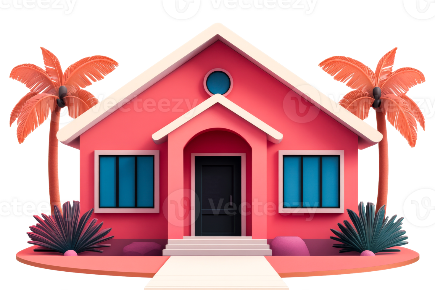 Tropical house cartoon render with palm trees, cut out transparent png
