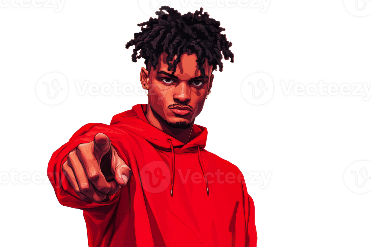 Determined man in red hoodie pointing directly forward, cut out transparent png