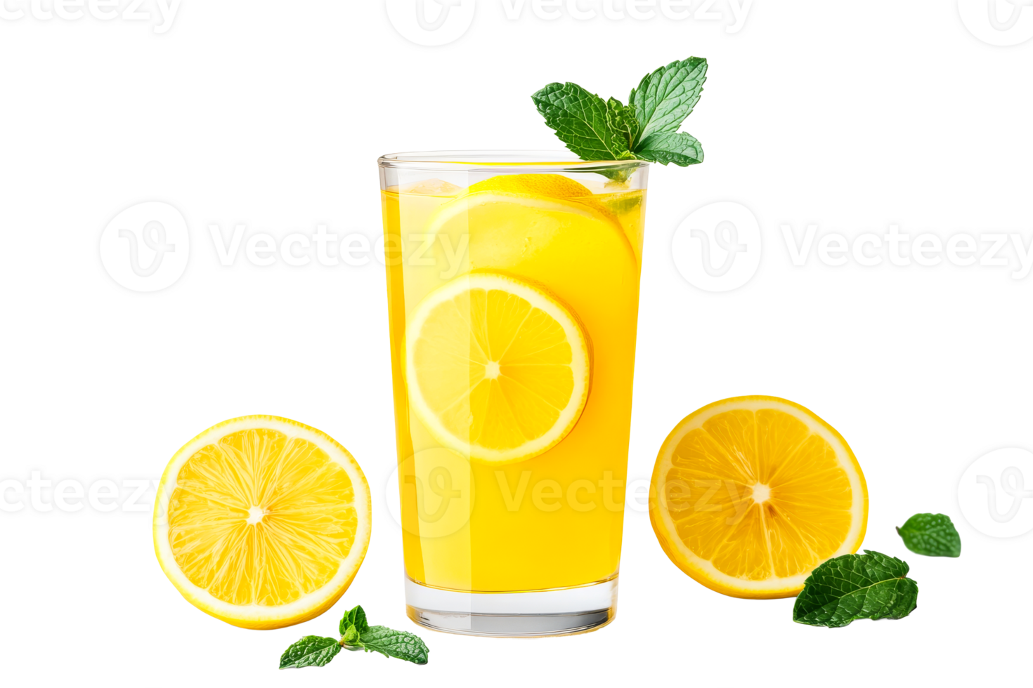 Refreshing lemonade with lemon slices and mint leaves, cut out transparent png