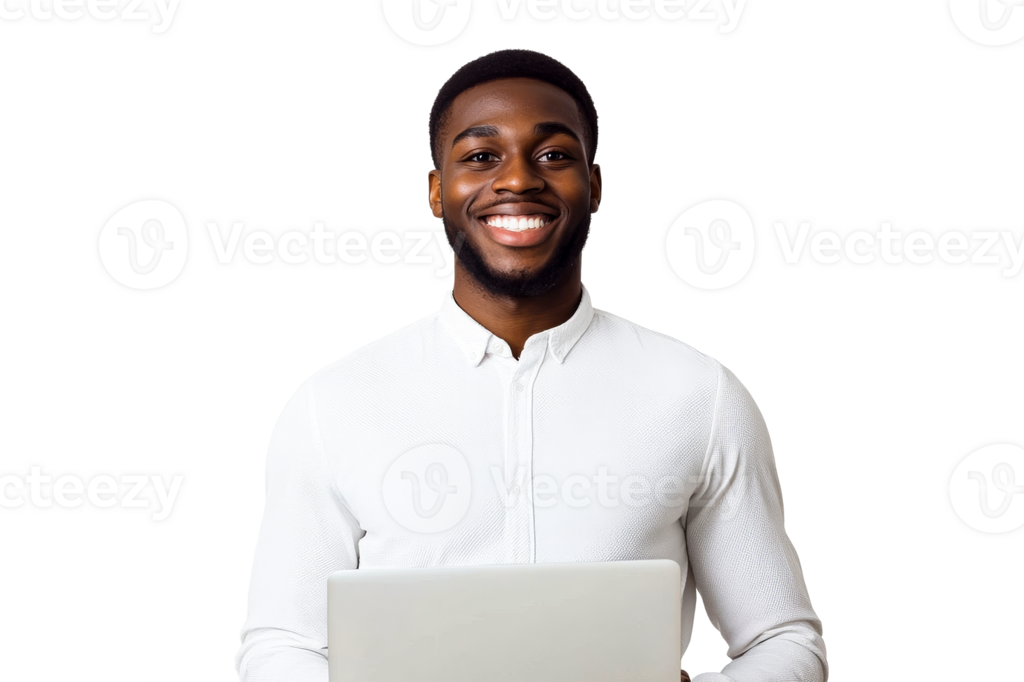 Smiling handsome man working on laptop, cut out transparent png