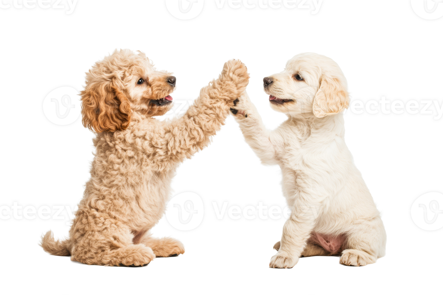 Two playful puppies high-fiving each other in a fun moment, cut out transparent png