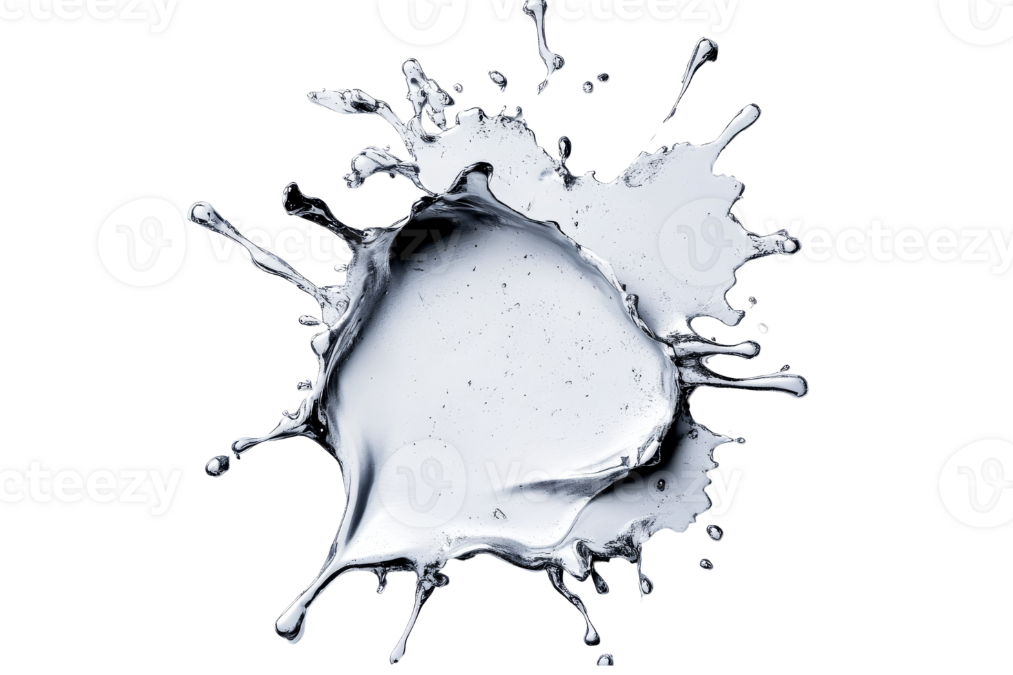 Silver liquid splashing on black background in dynamic motion, cut out transparent png