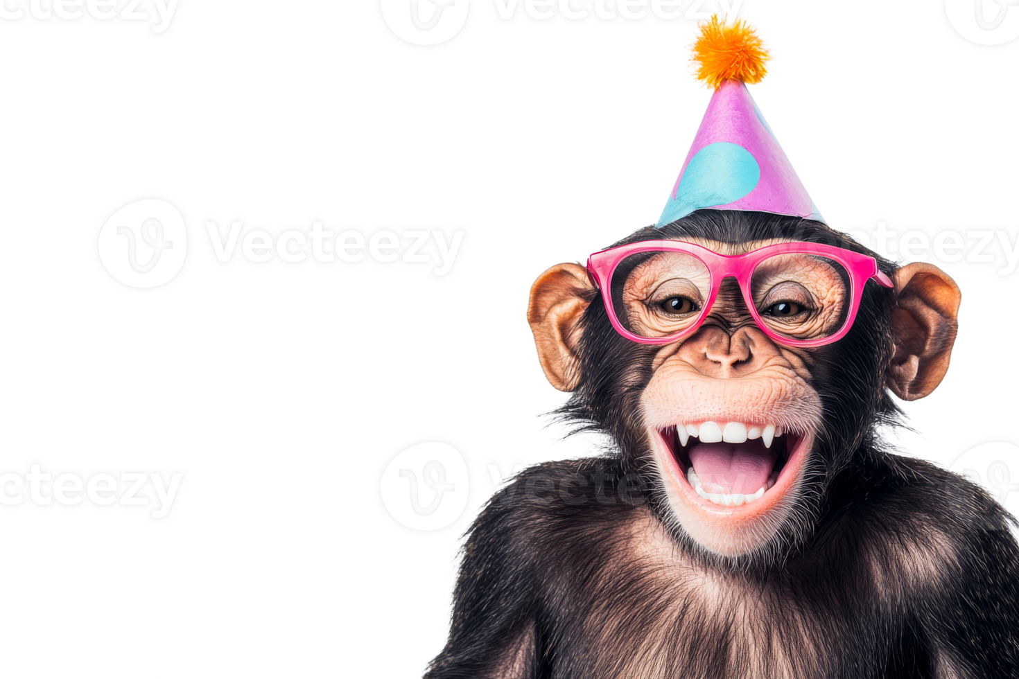 Cheerful monkey with party hat and glasses, wide grin, isolated, cut out transparent png