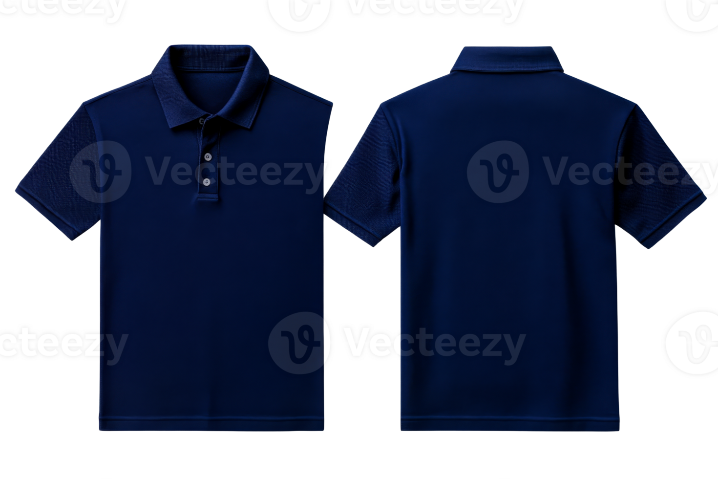 Navy blue polo shirt mockup, front and back views, cut out transparent png
