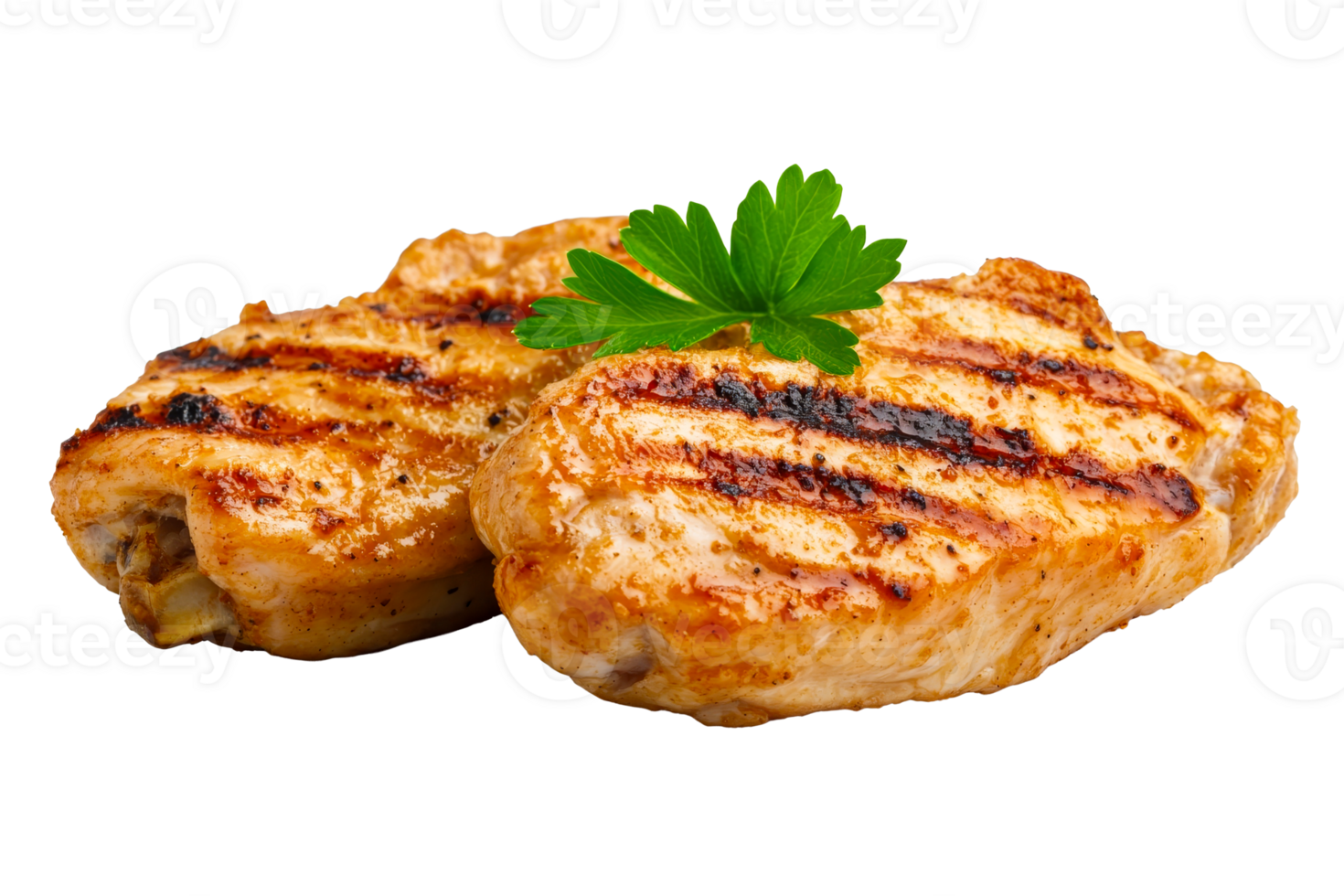 Two grilled turkey steaks and green parsley, cut out transparent png