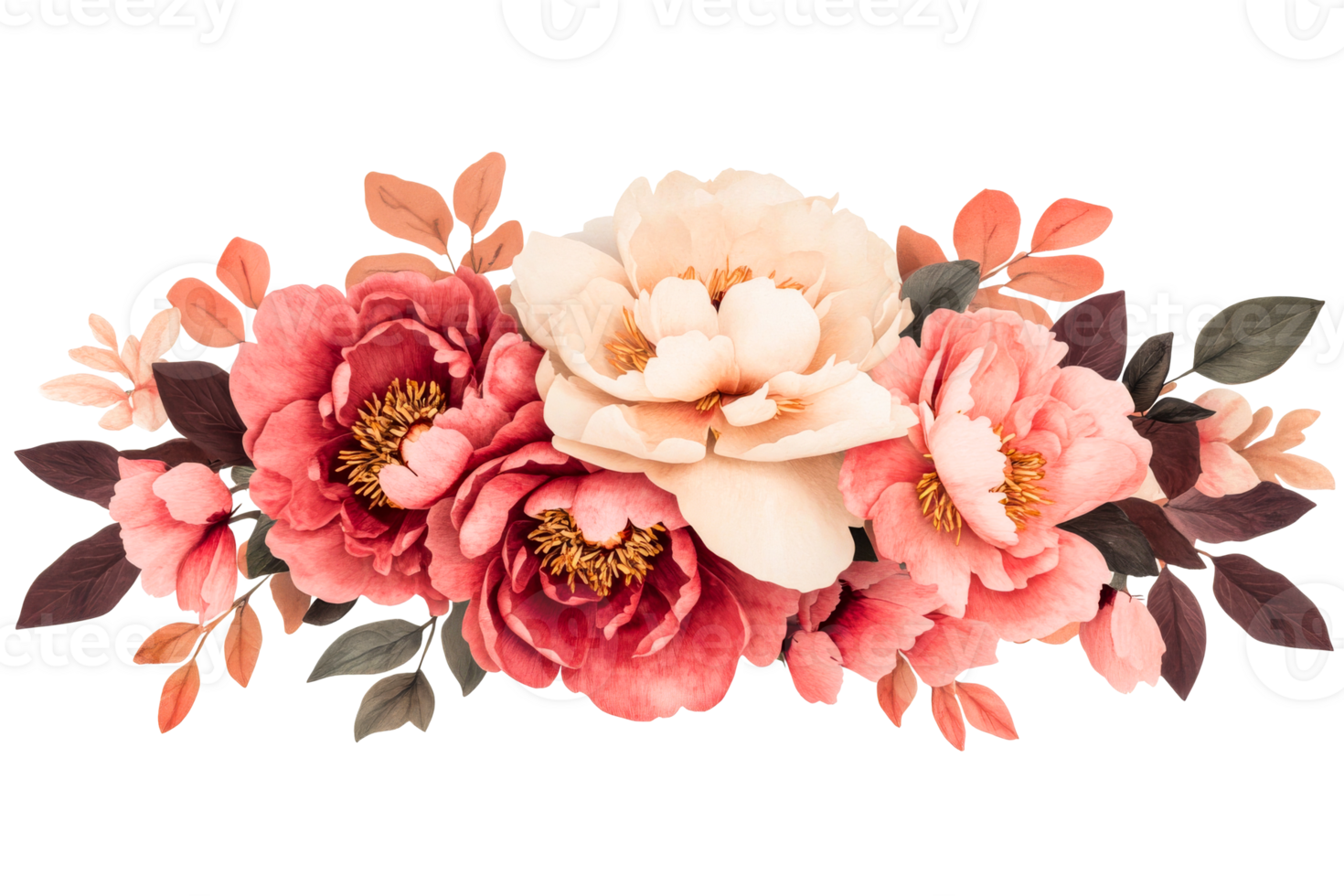 Pastel peony bouquet on black background, botanical arrangement, cut out transparent png