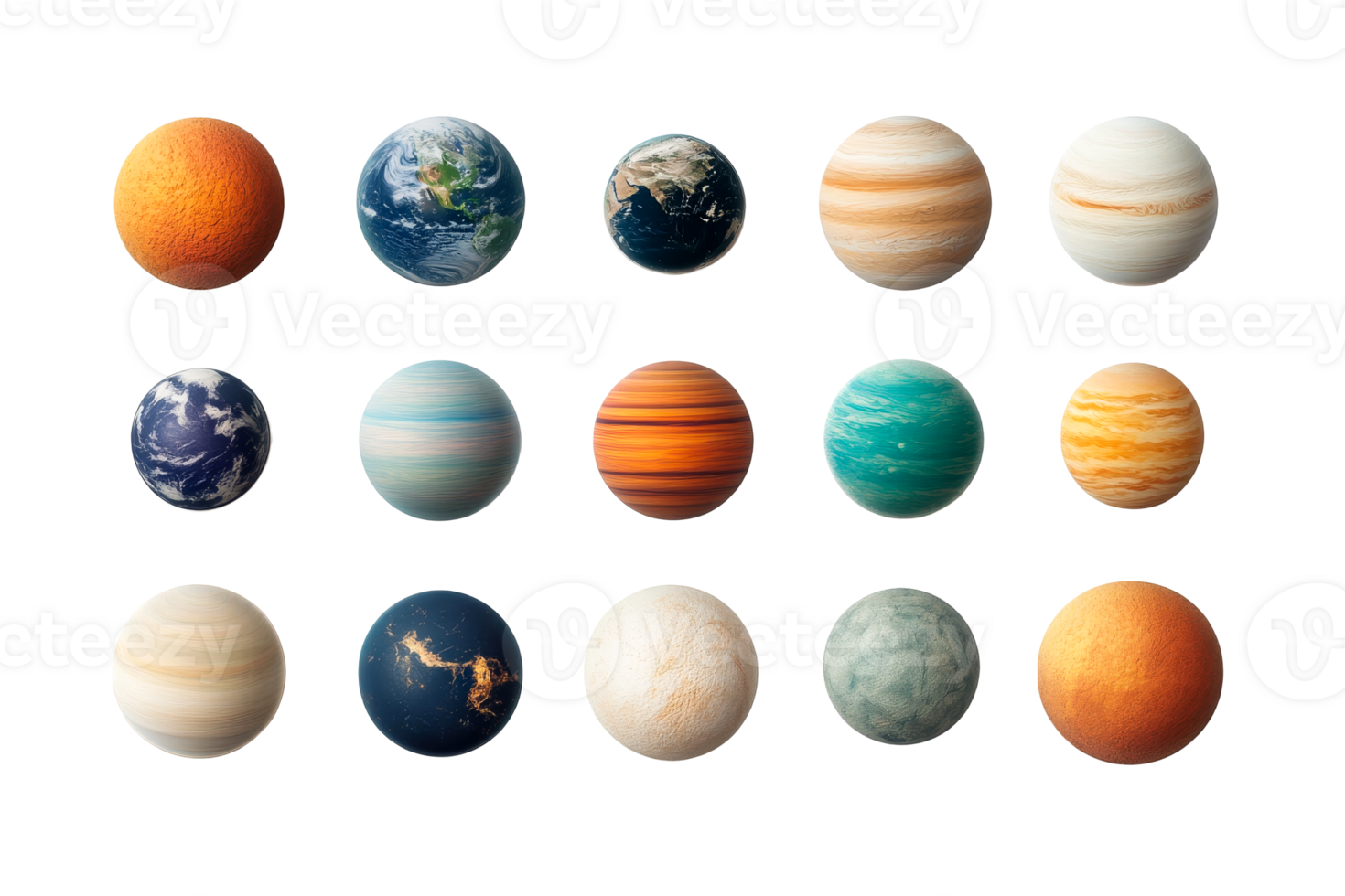 Planets set variety on black background, cut out transparent png