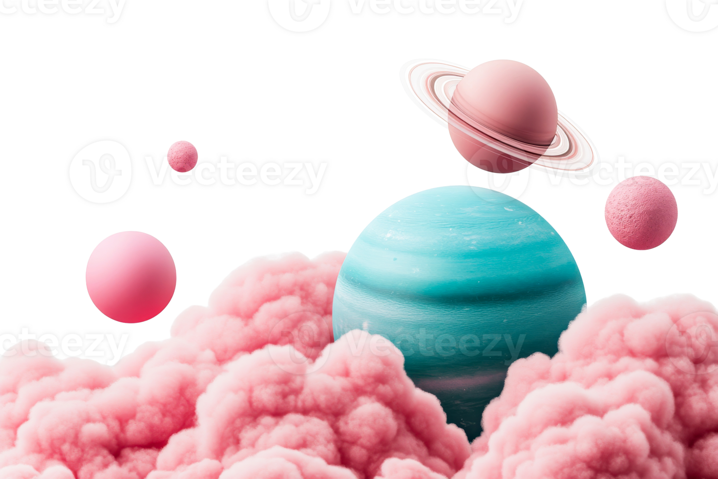 Pink and blue planets with clouds isolated on black background, cut out transparent png