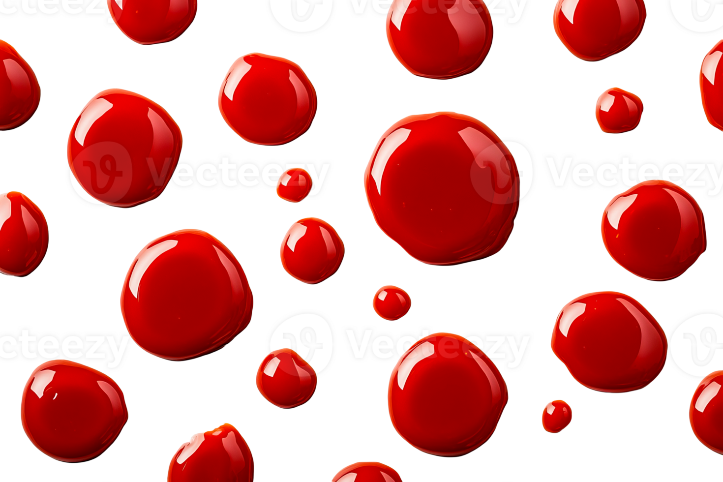Many glossy red drops on black background, cut out transparent png