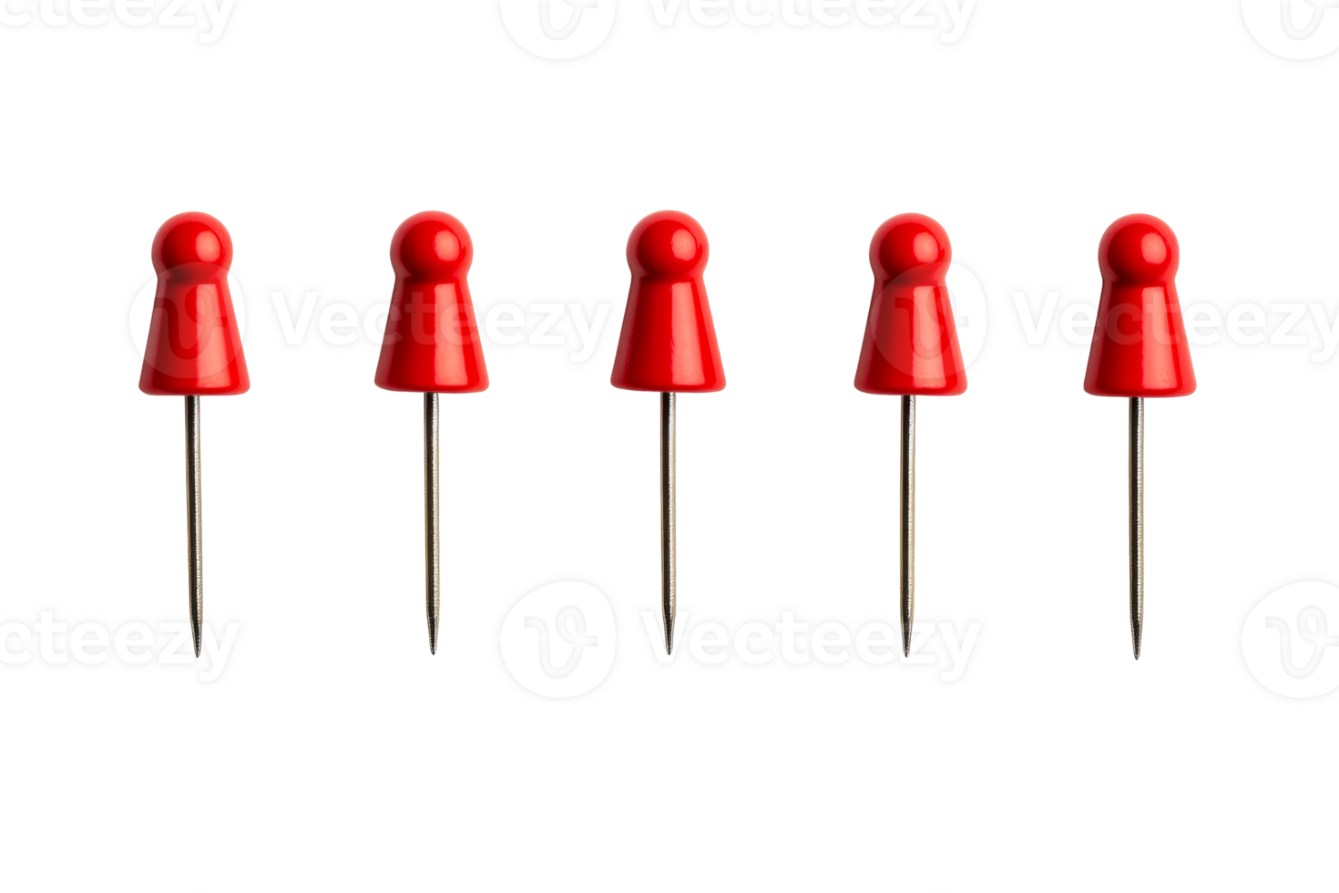 Red pushpins aligned on black background for office needs , cut out transparent png
