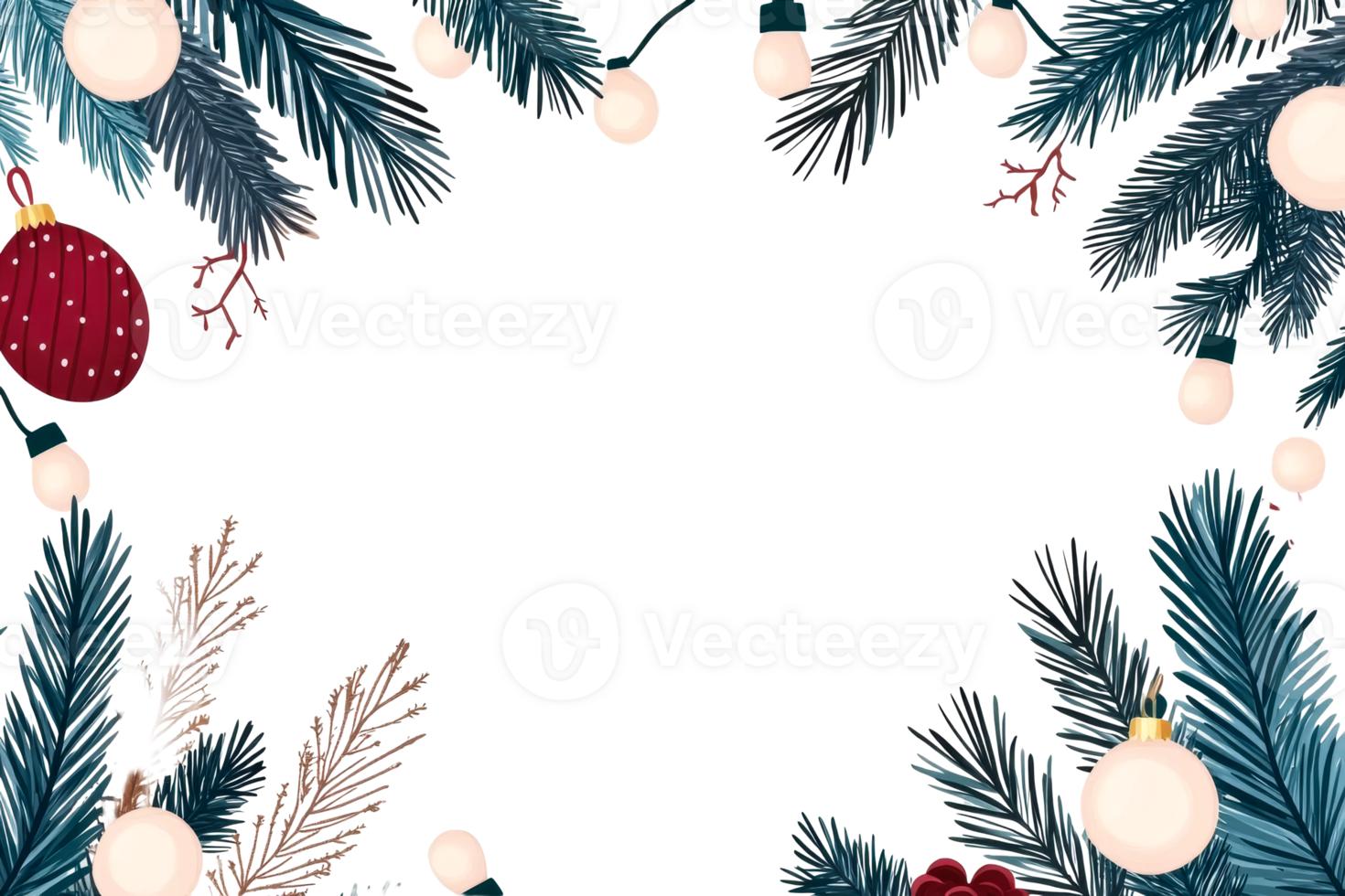 Festive Christmas border with fir branches and baubles decor, cut out transparent png
