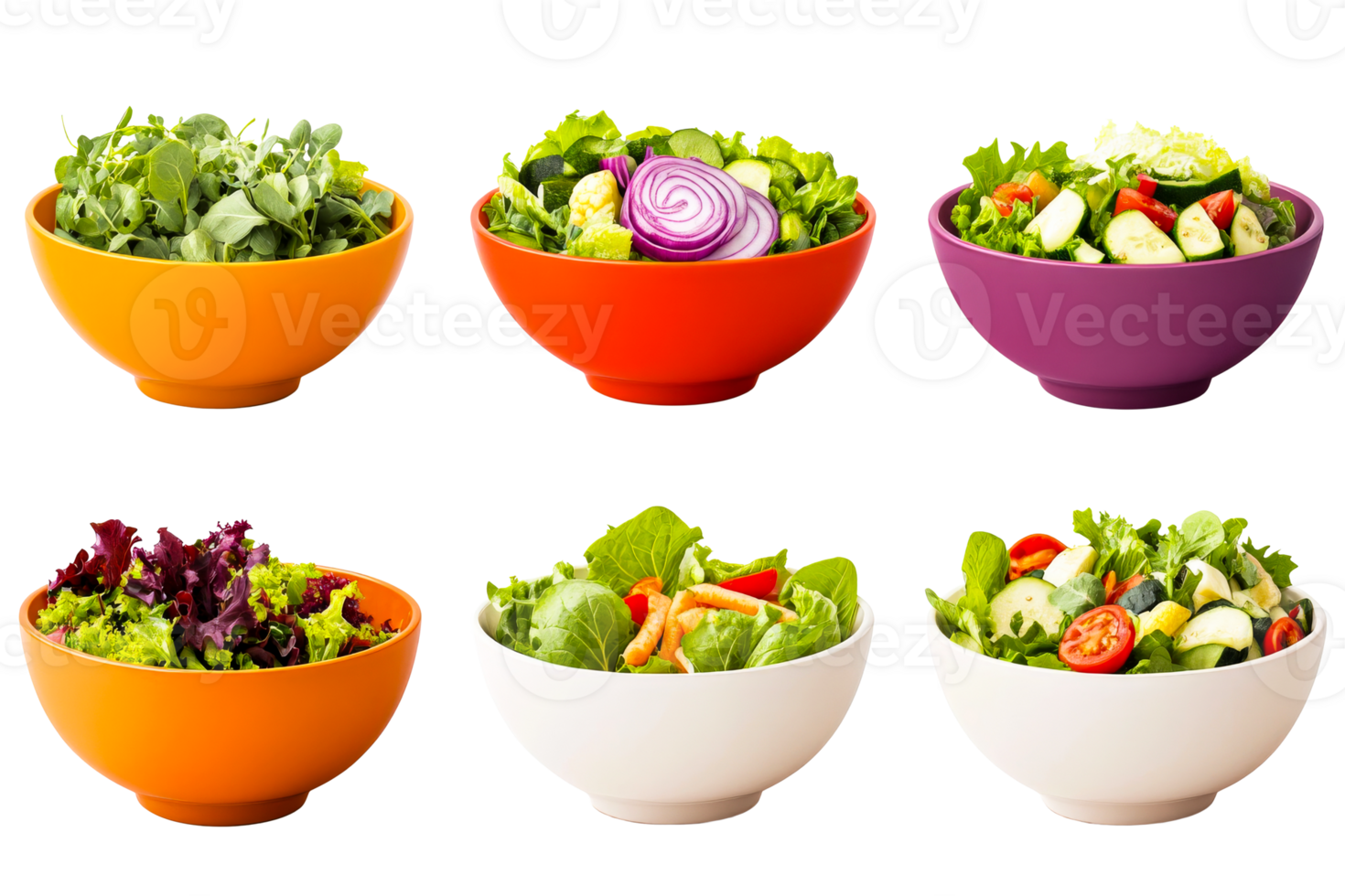 Assorted salad bowls of different vegetables, healthy food, cut out transparent png