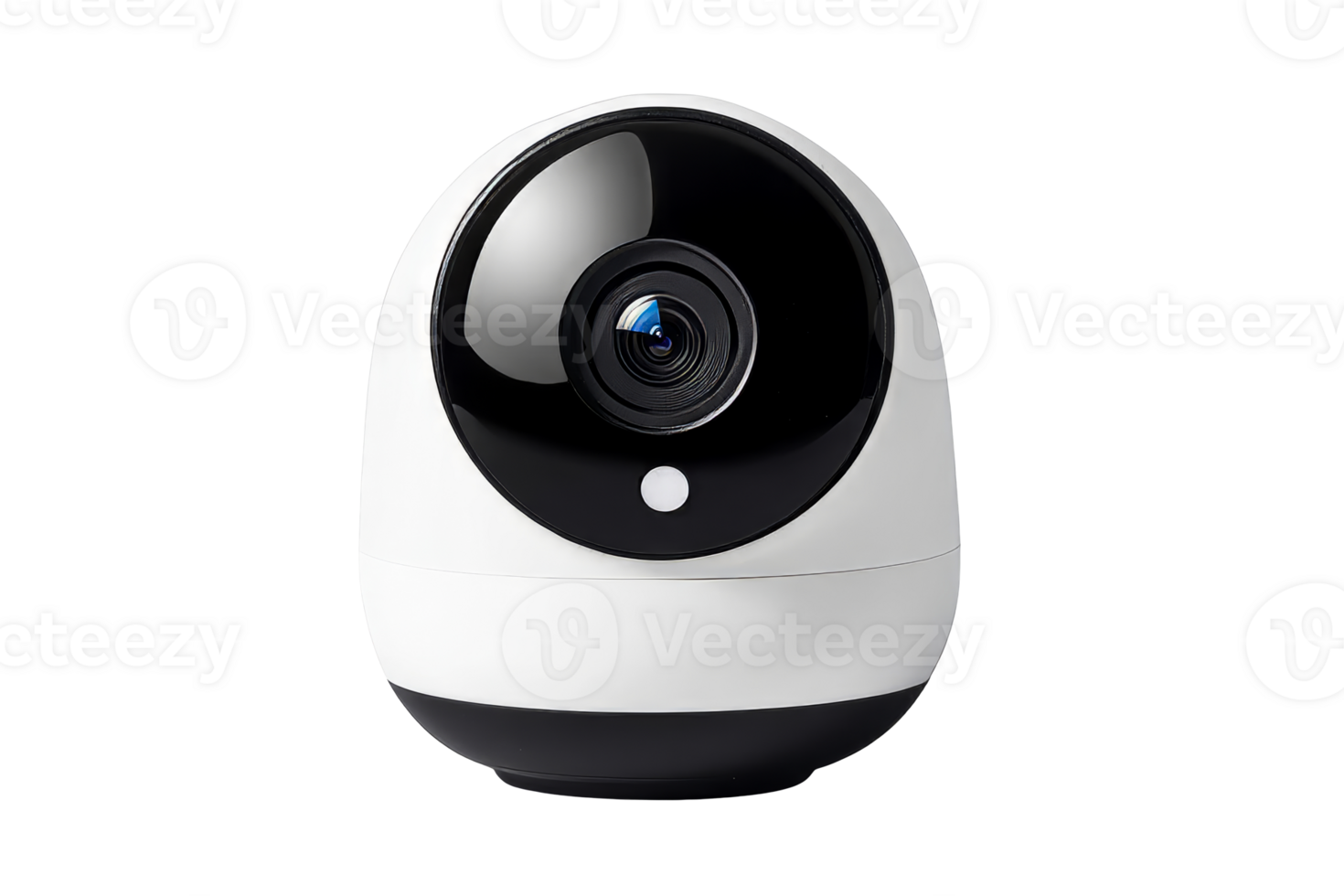 Modern security camera with round shape, white and black, cut out transparent png