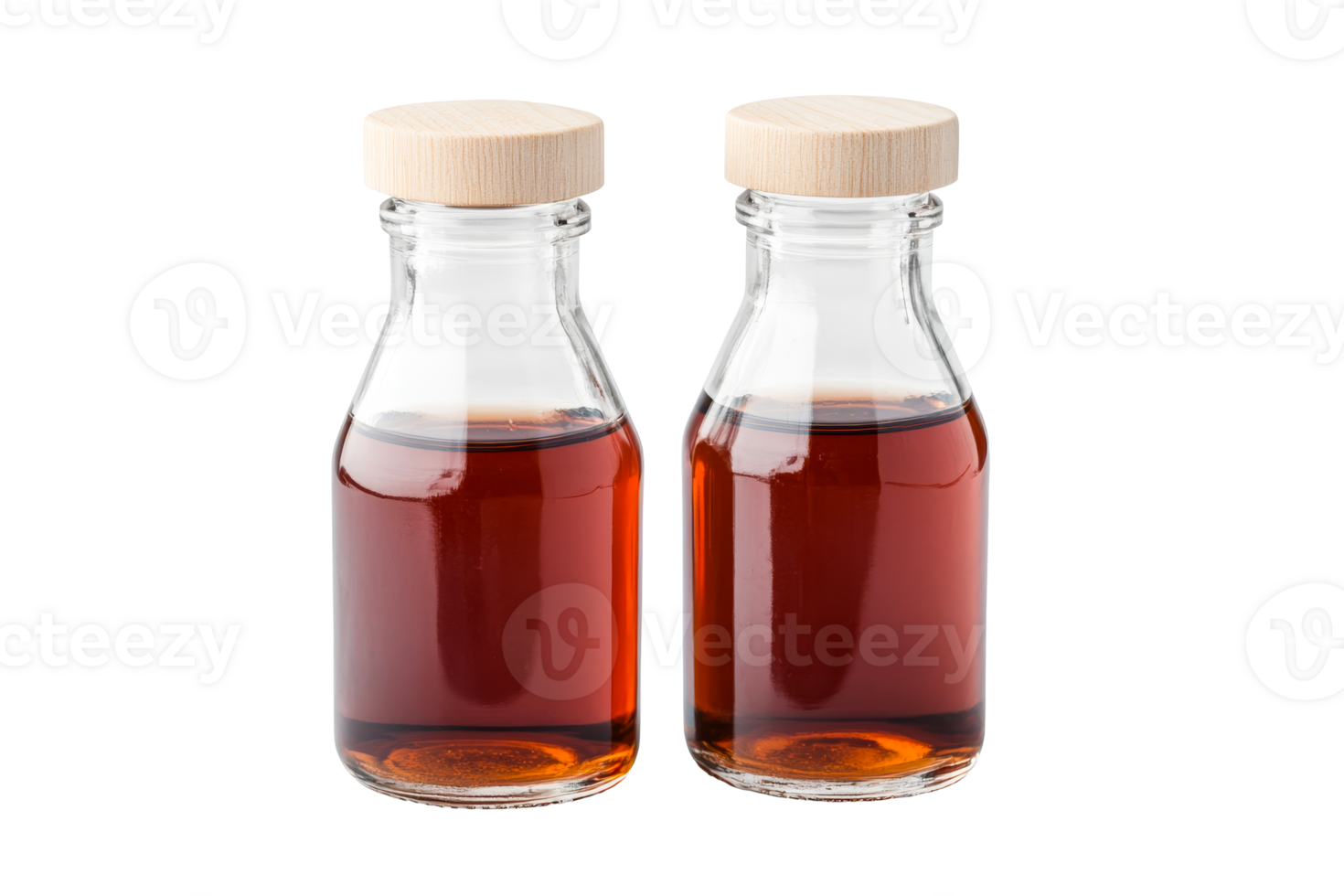 Two syrup glass bottles with wood caps, transparent background, cut out transparent png