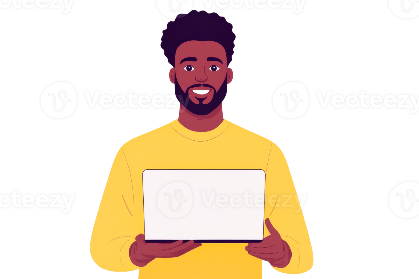 Smiling man with laptop illustration on black background, cut out transparent png