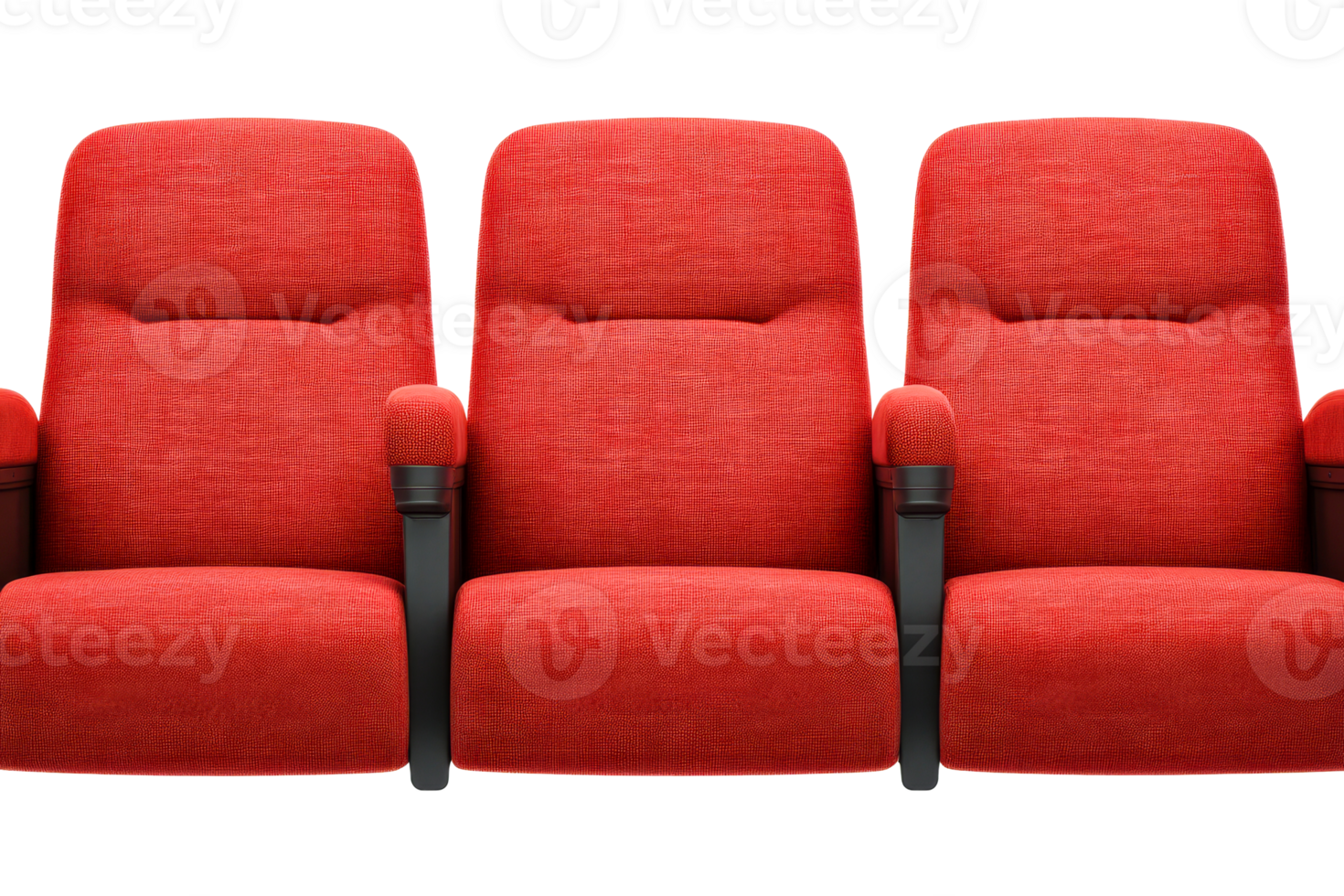 Three red velvet theatre chairs, seats, armchair, cinema, auditorium, cut out transparent png