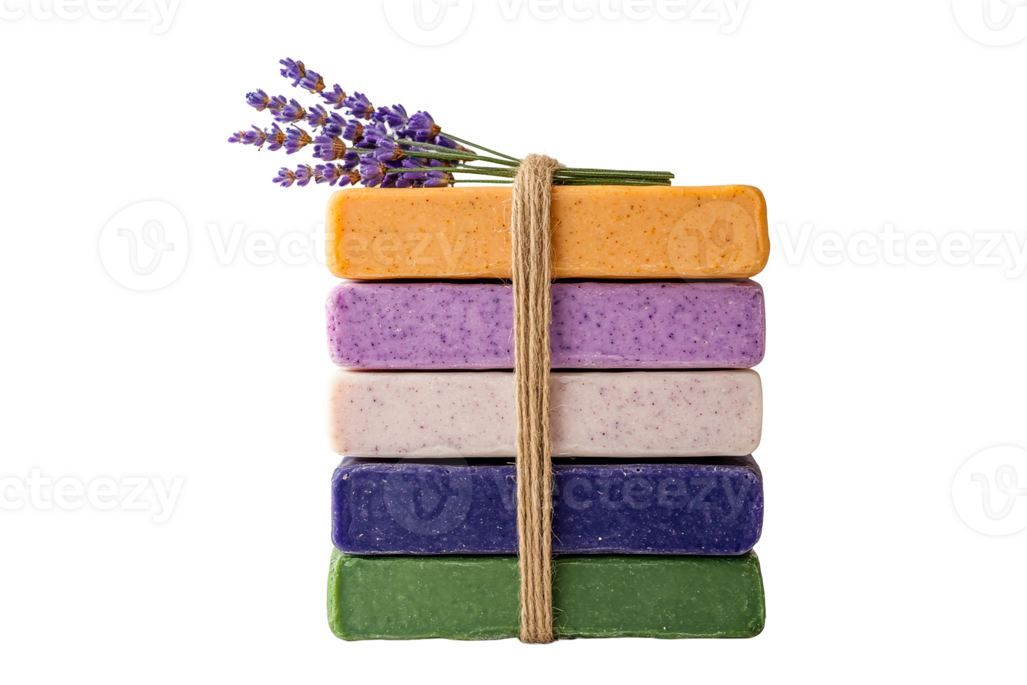 Stack of fragrant lavender soaps tied with jute, cut out transparent png
