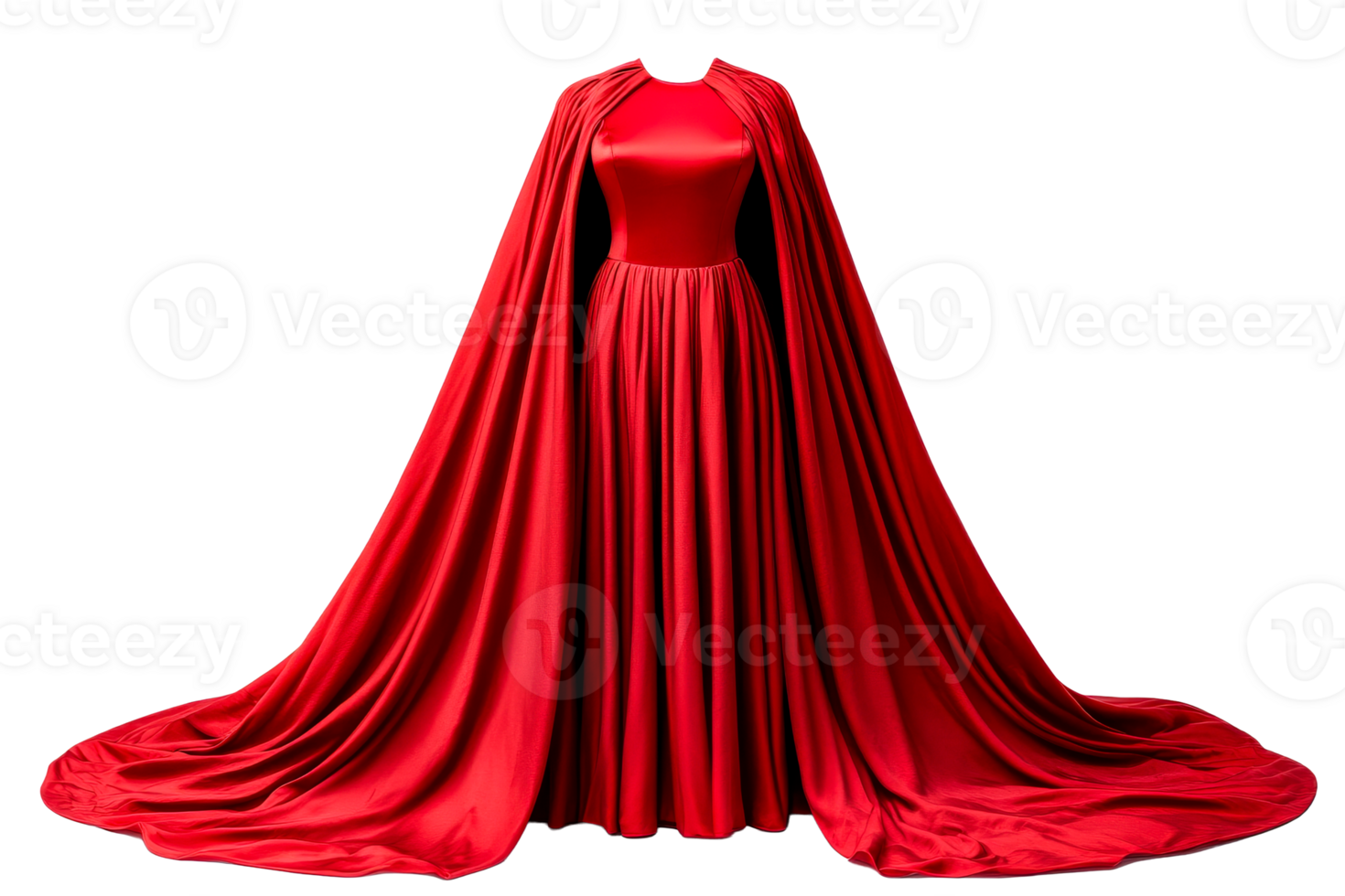 Red satin gown with cape, flowing fabric, elegant silhouette, cut out transparent png