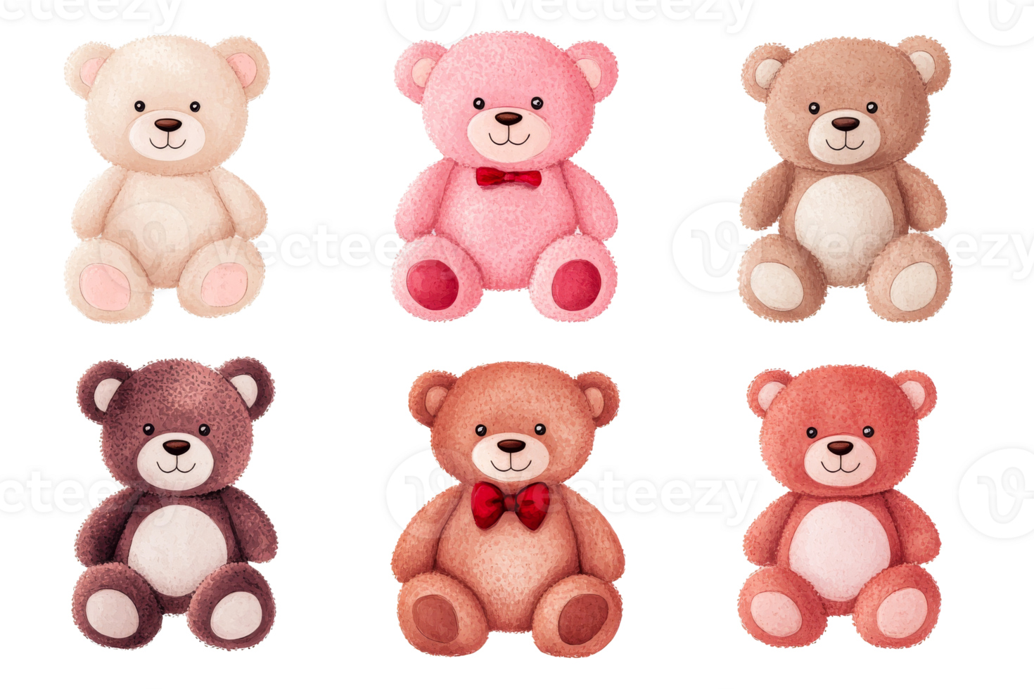Six teddy bears in different colors, arranged in rows, cut out transparent png
