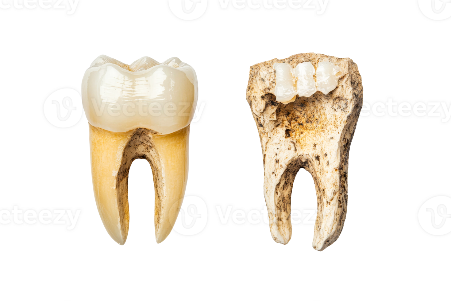Teeth and artificial tooth crown, medicine illustration, cut out transparent png