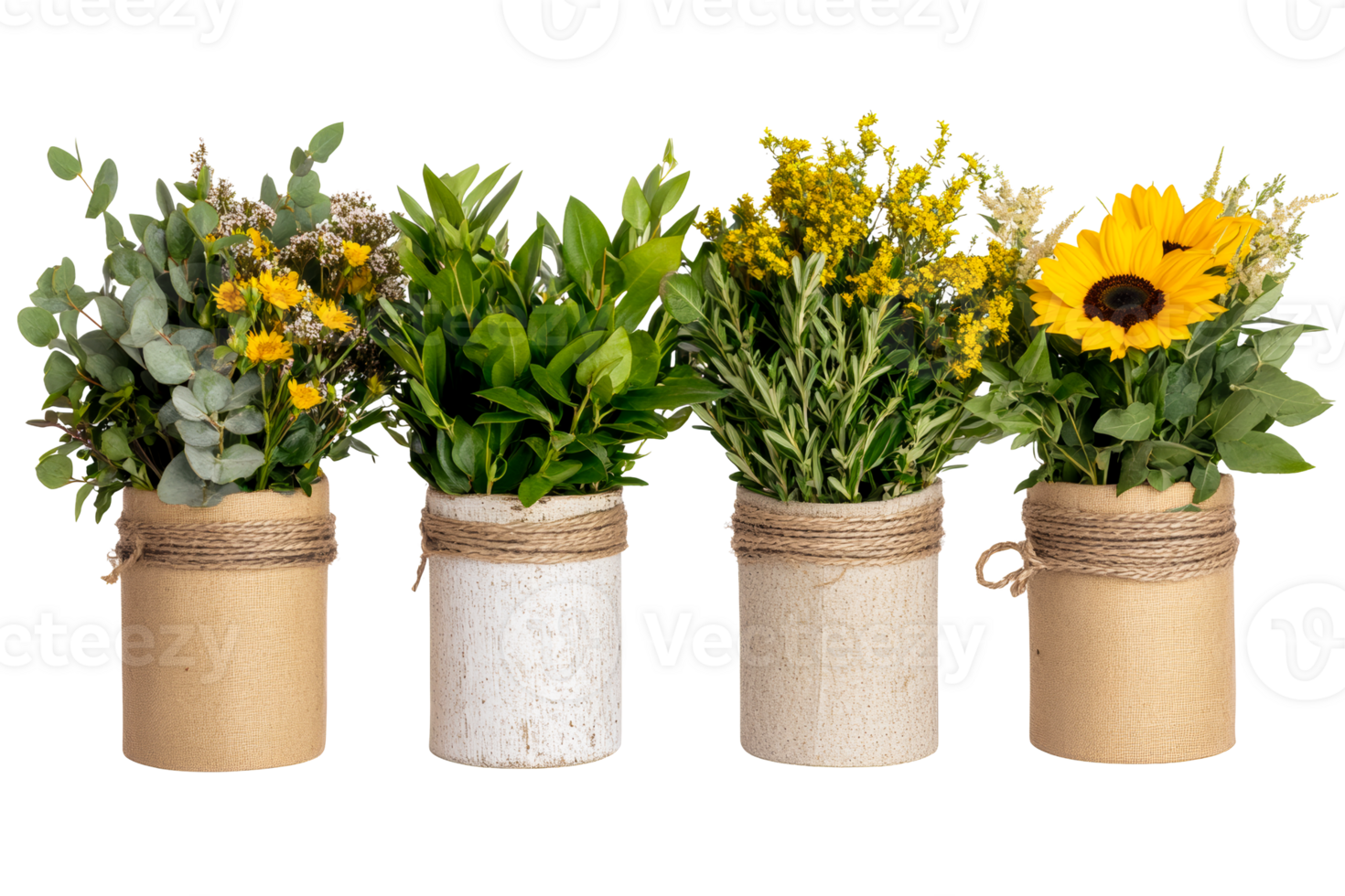 Rustic floral arrangements in vases on black, cut out transparent png