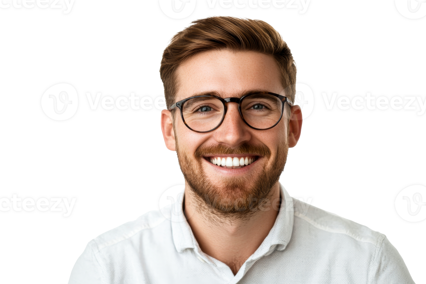Smiling man with glasses portrait, positive emotion, cut out transparent png