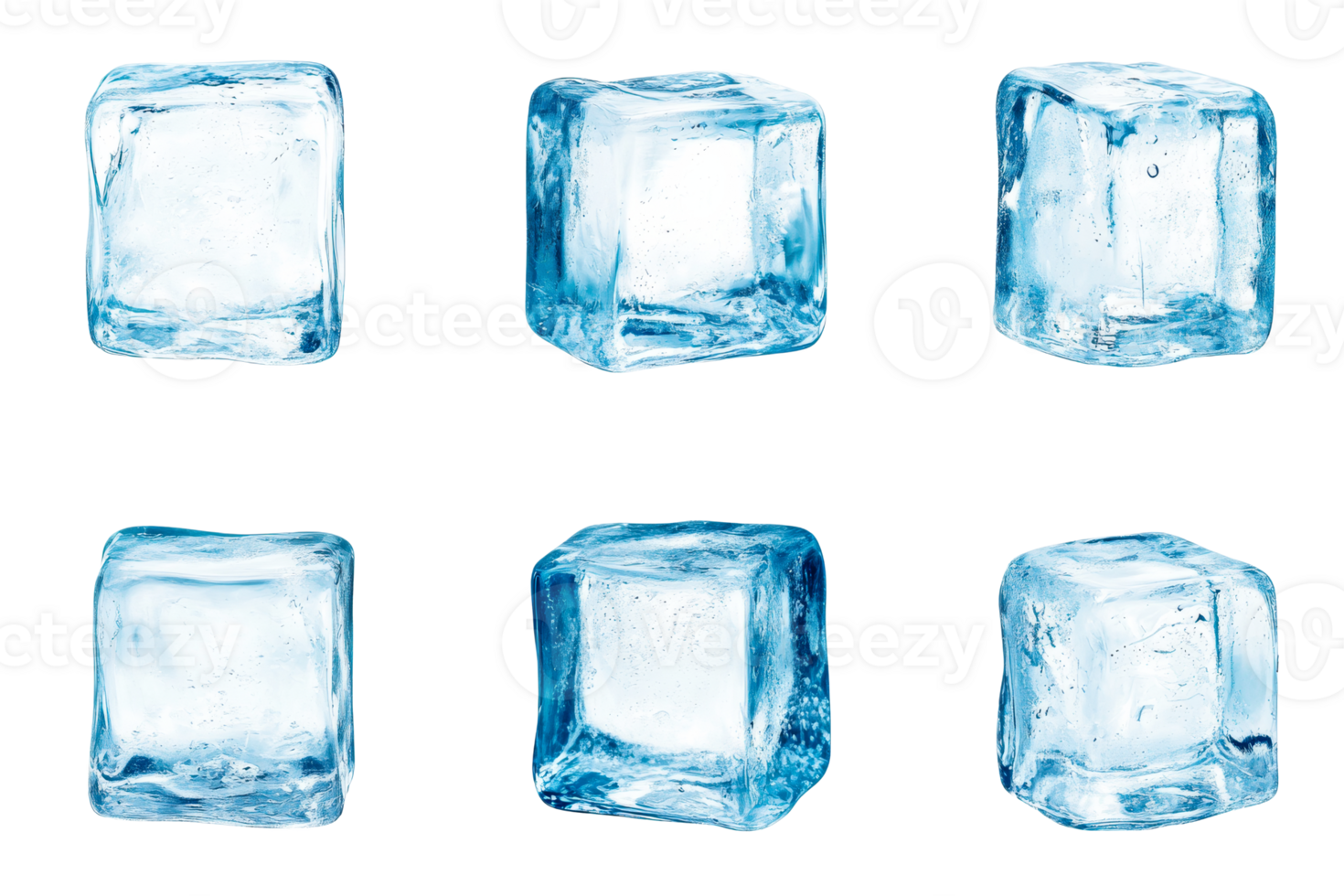 Six ice cubes in close-up studio shot with details, cut out transparent png