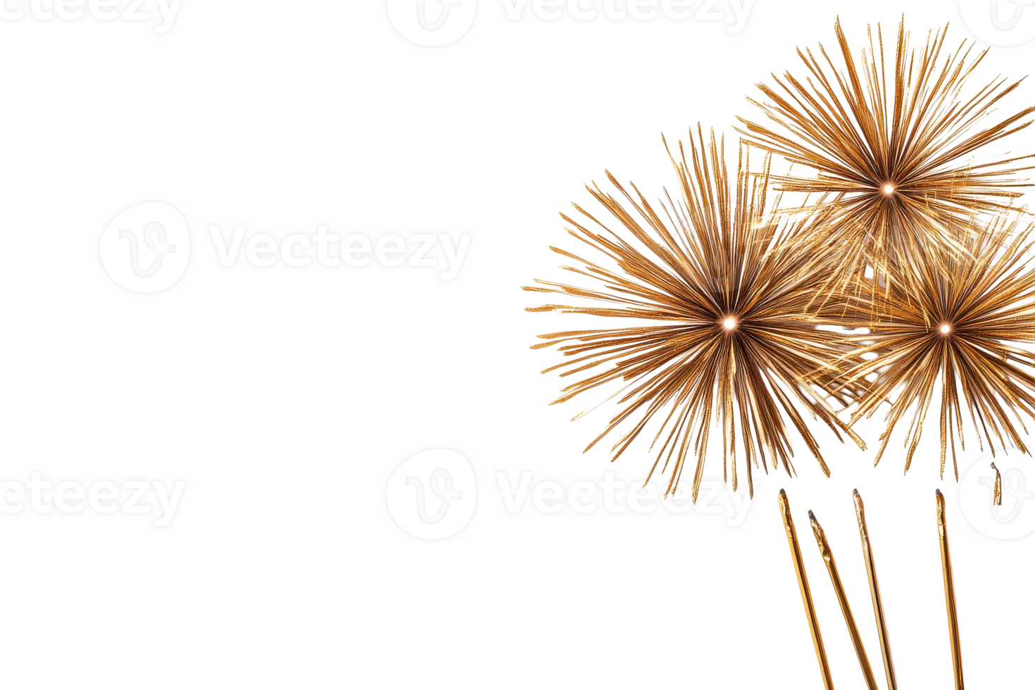 Golden sparklers creating starbursts on a black background, cut out transparent png