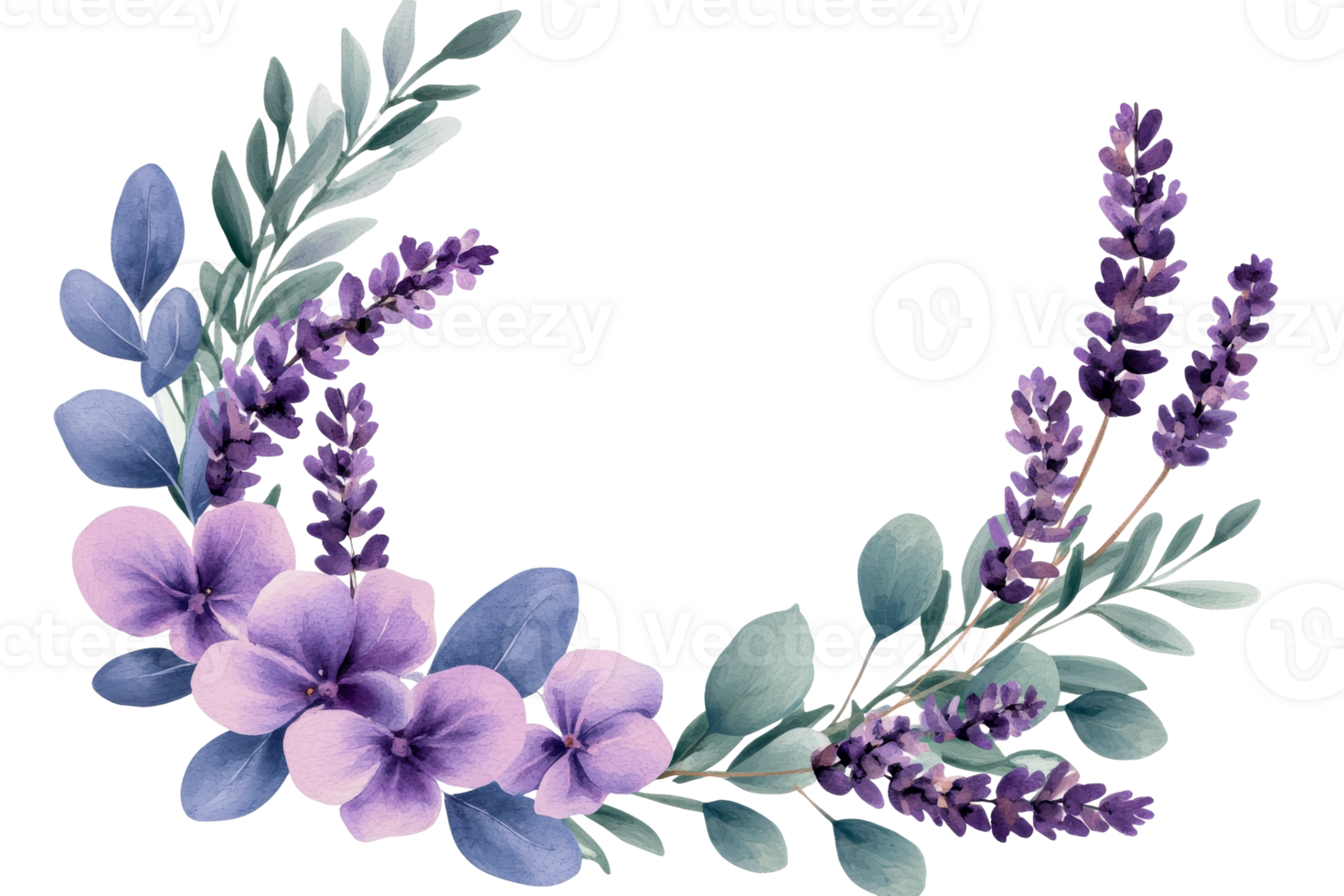 Watercolor wreath of lavender and purple pansies, cut out transparent png