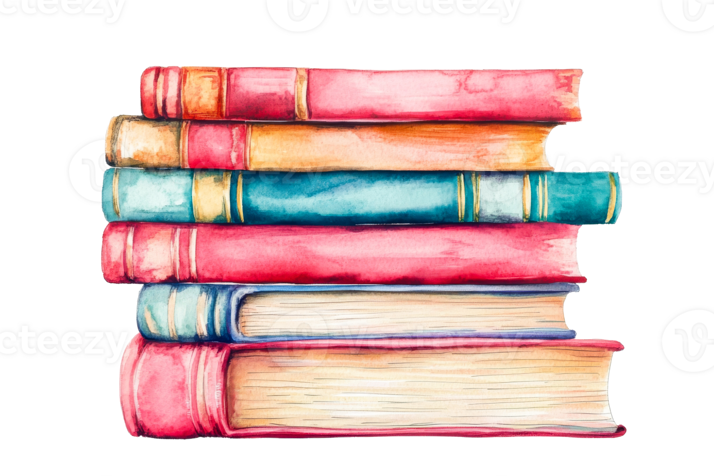 Stack of books with colorful watercolor effect, illustration, cut out transparent png
