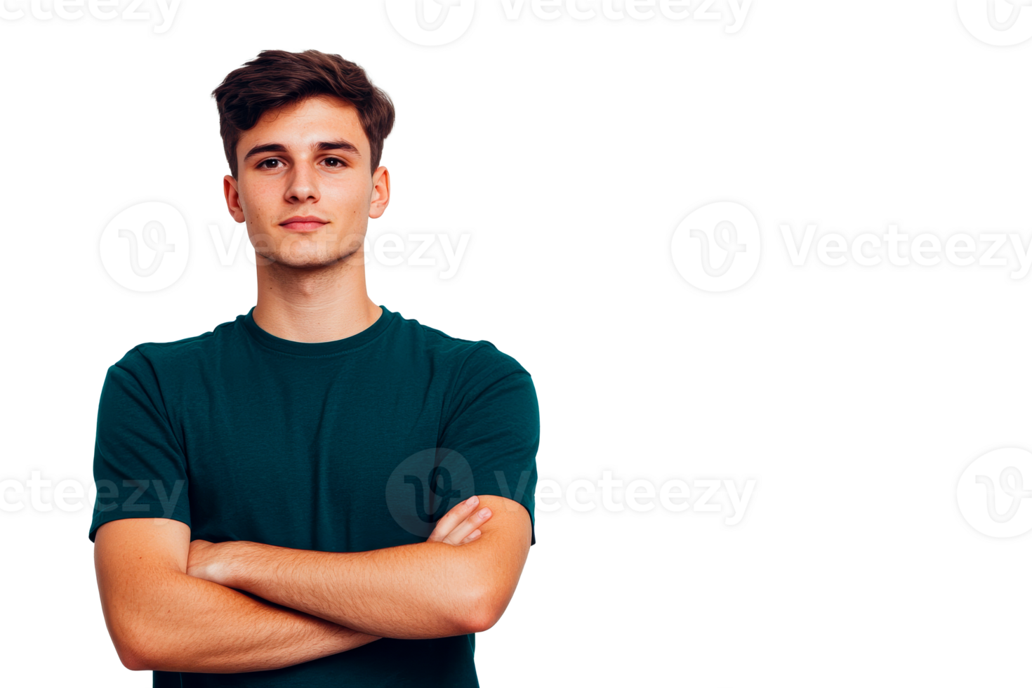 Young man portrait in green t-shirt, arms crossed, confident look, cut out transparent png