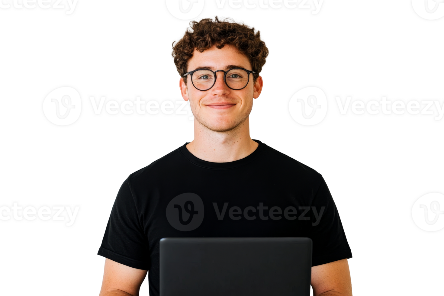 Man holding laptop, working online with a smile, cut out transparent png