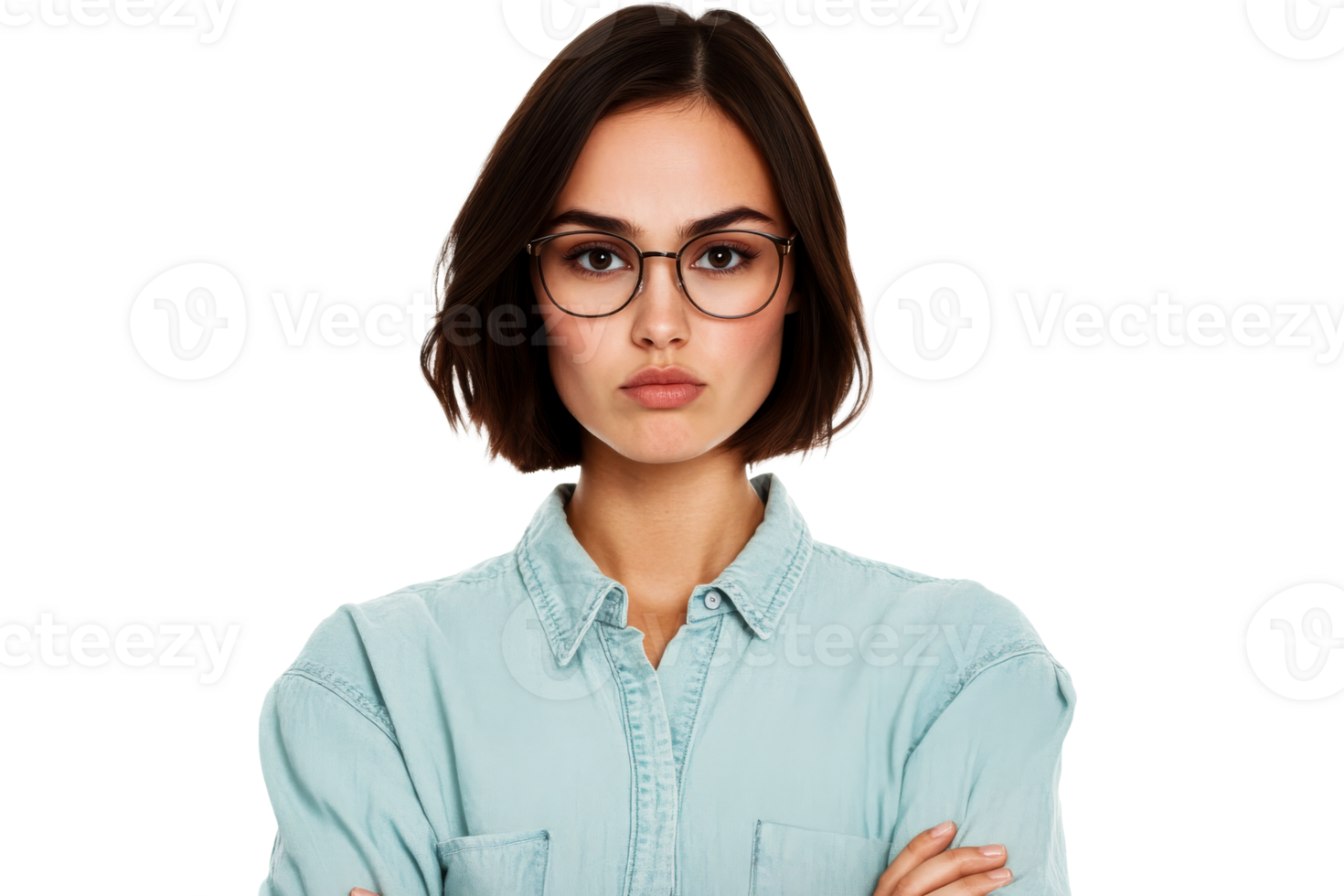 Serious woman with folded arms in turquoise shirt, cut out transparent png