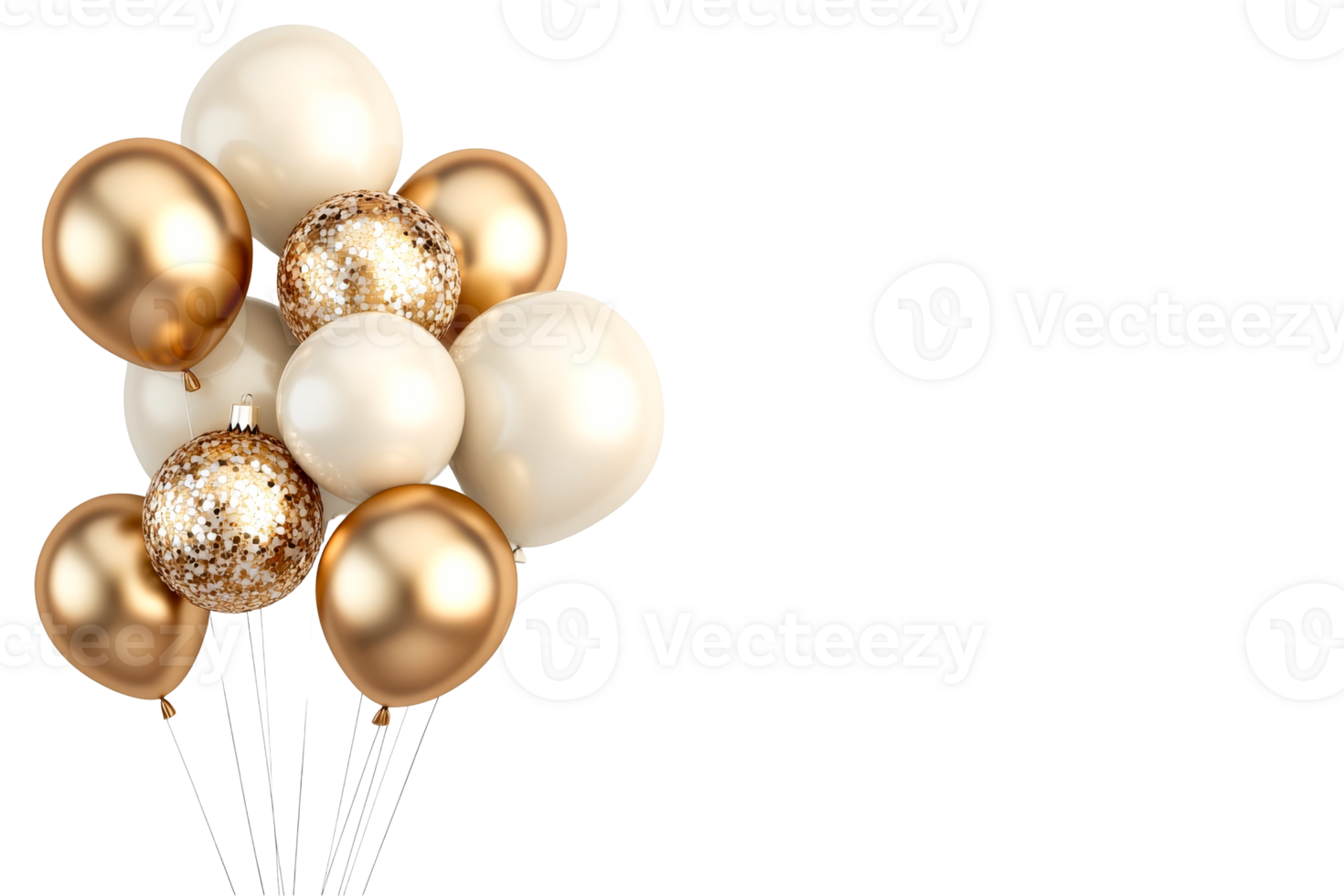 Balloons with shiny confetti on black background, cut out transparent png