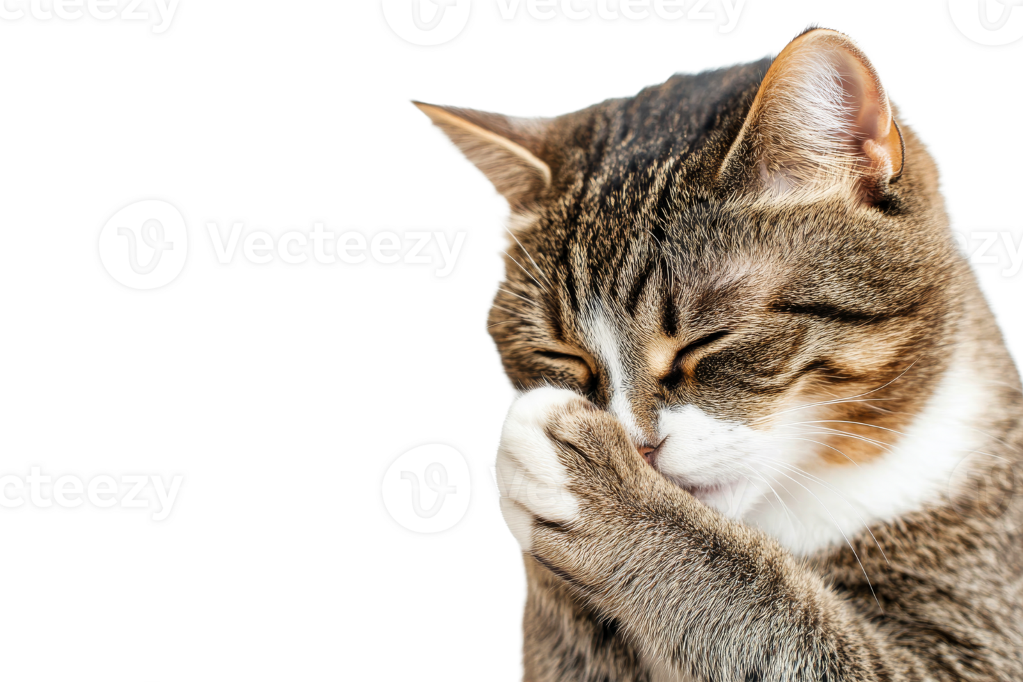 Brown tabby cat covers muzzle with paw, cut out transparent png