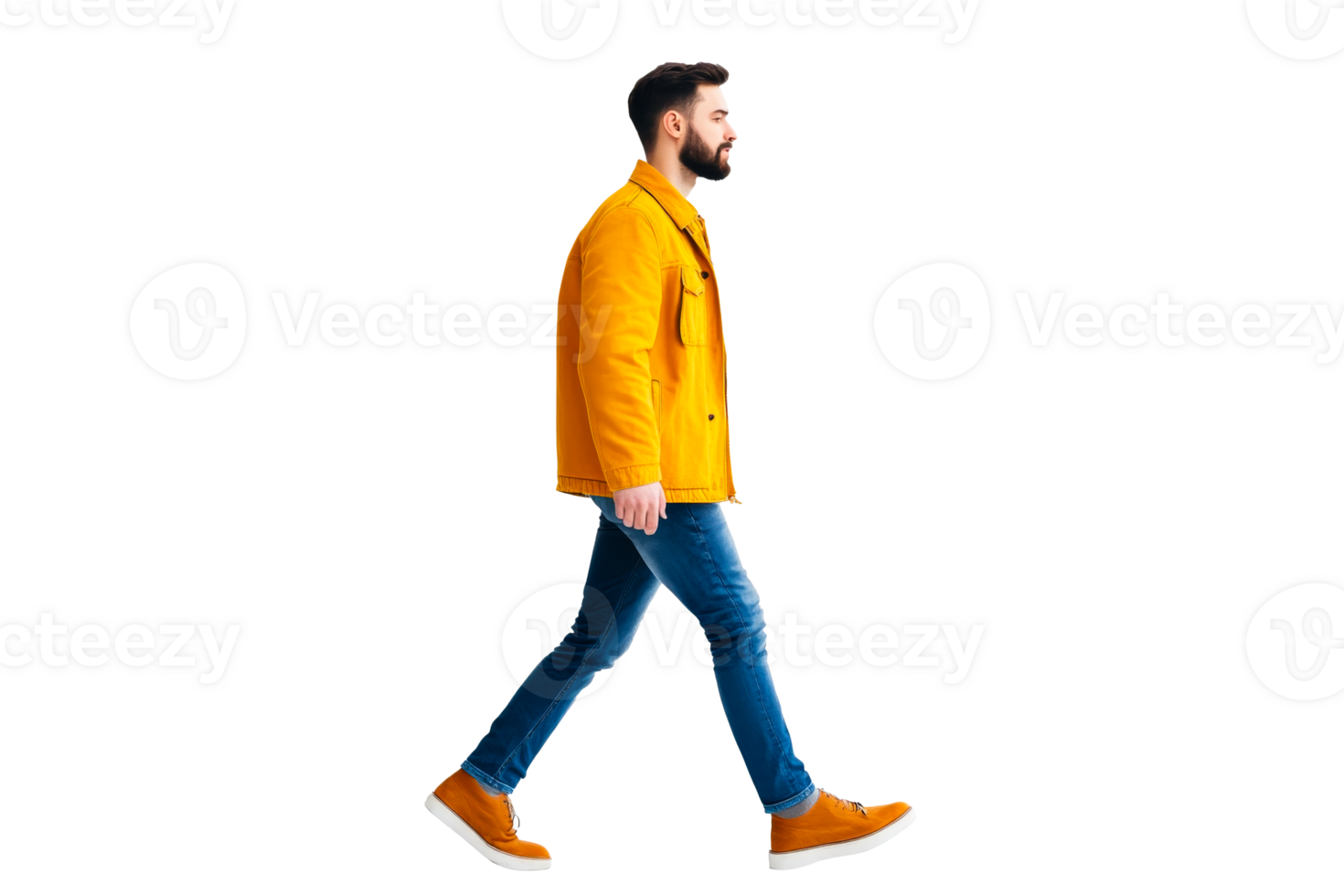 Man walking in yellow jacket and jeans, isolated cut out transparent png