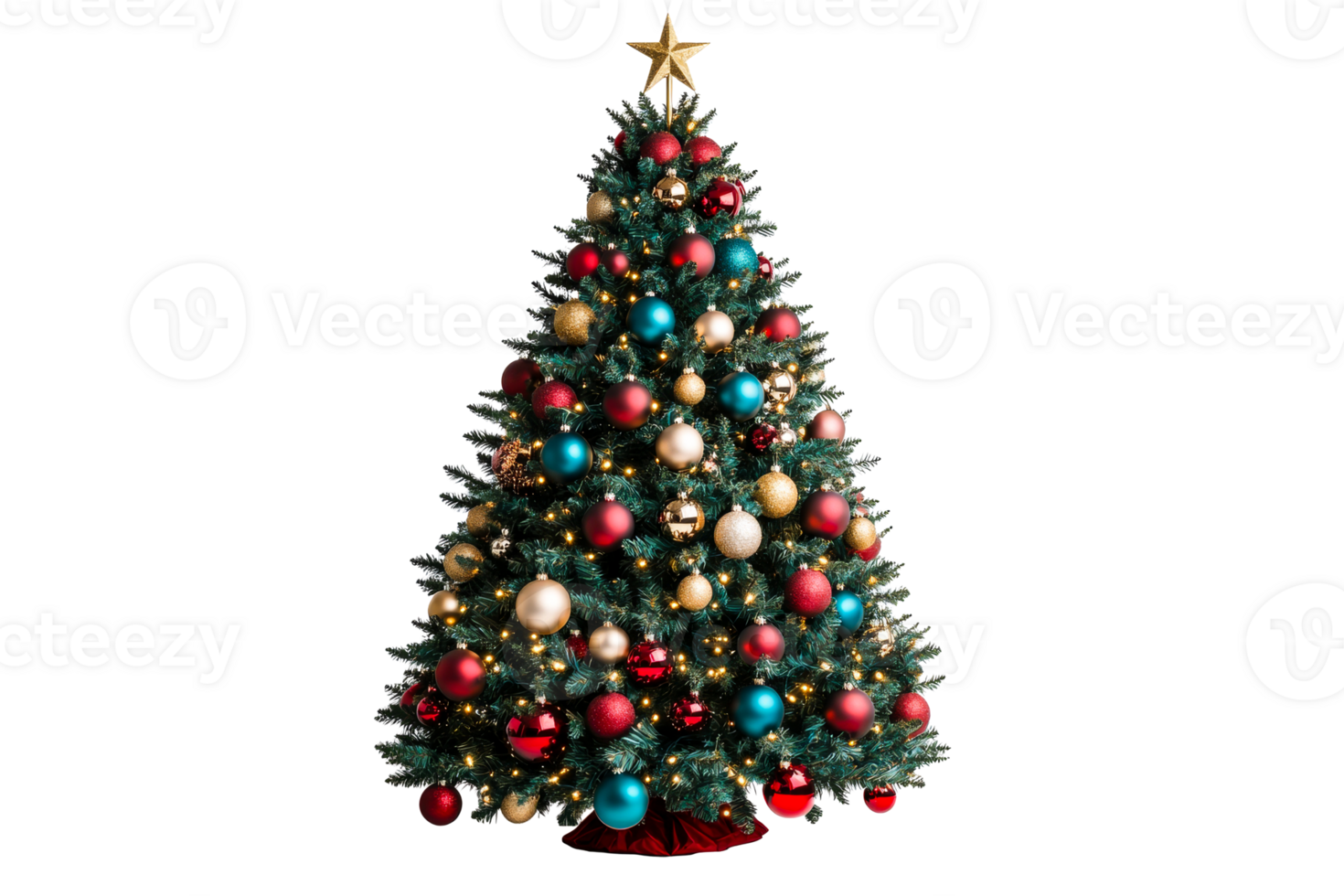 Christmas tree with gold star and red, gold, blue ornaments, cut out transparent png