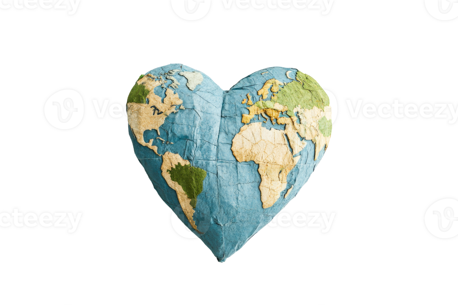 Heart shaped globe featuring continents and oceans, cut out transparent png