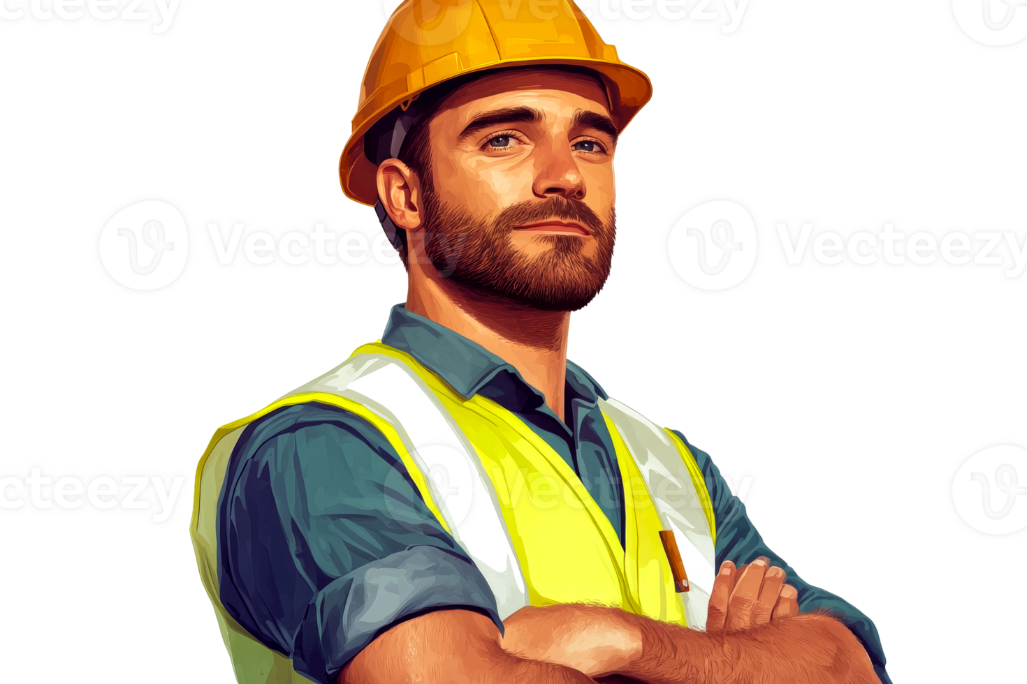 Construction worker with hardhat and vest, safety conscious, cut out transparent png