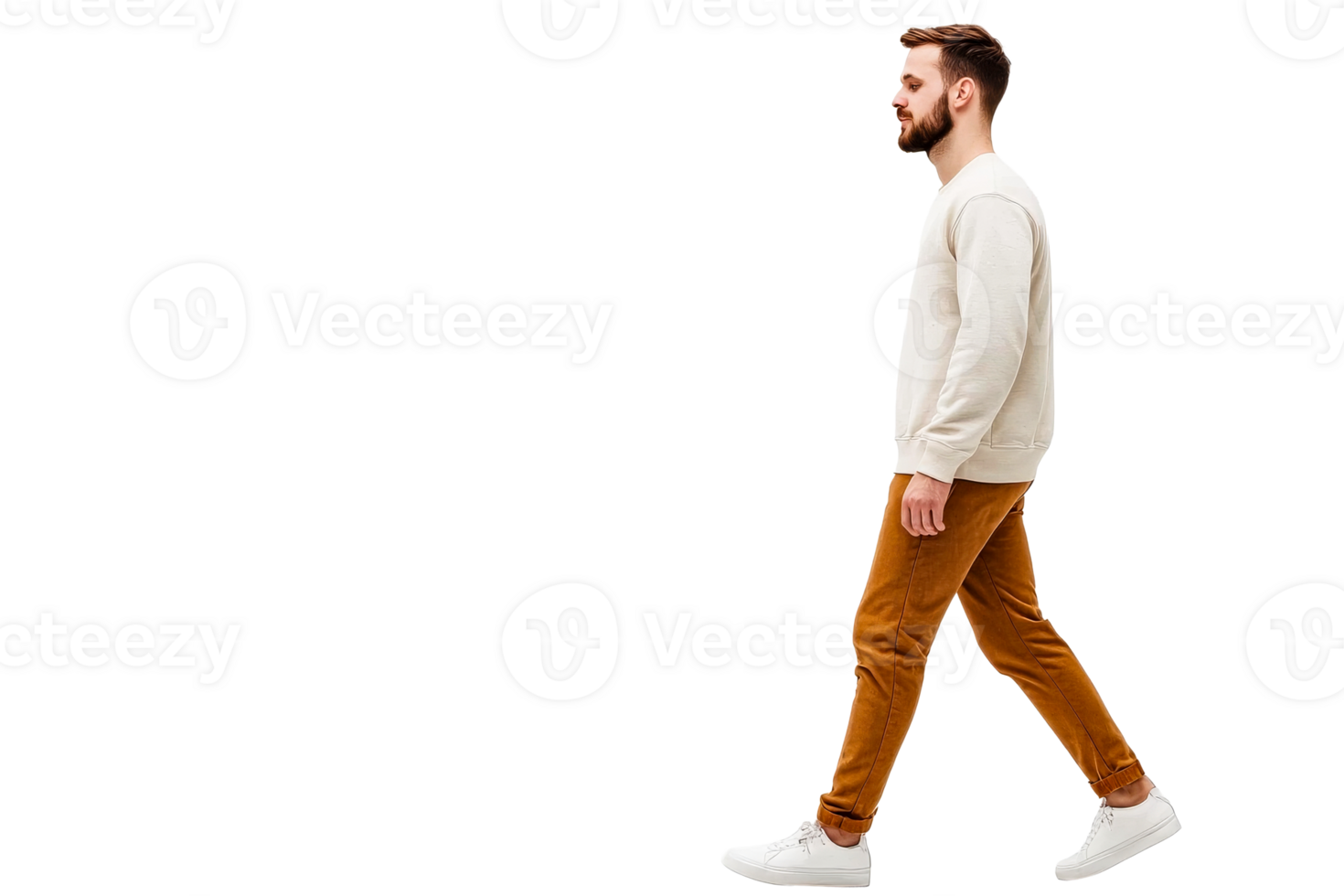 Man in casual clothes walking, side view portrait, cut out transparent png