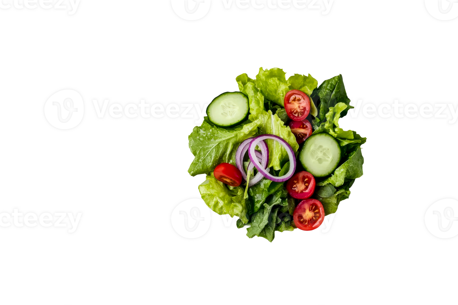 Refreshing salad with tomato, cucumber, onion, lettuce , cut out transparent png
