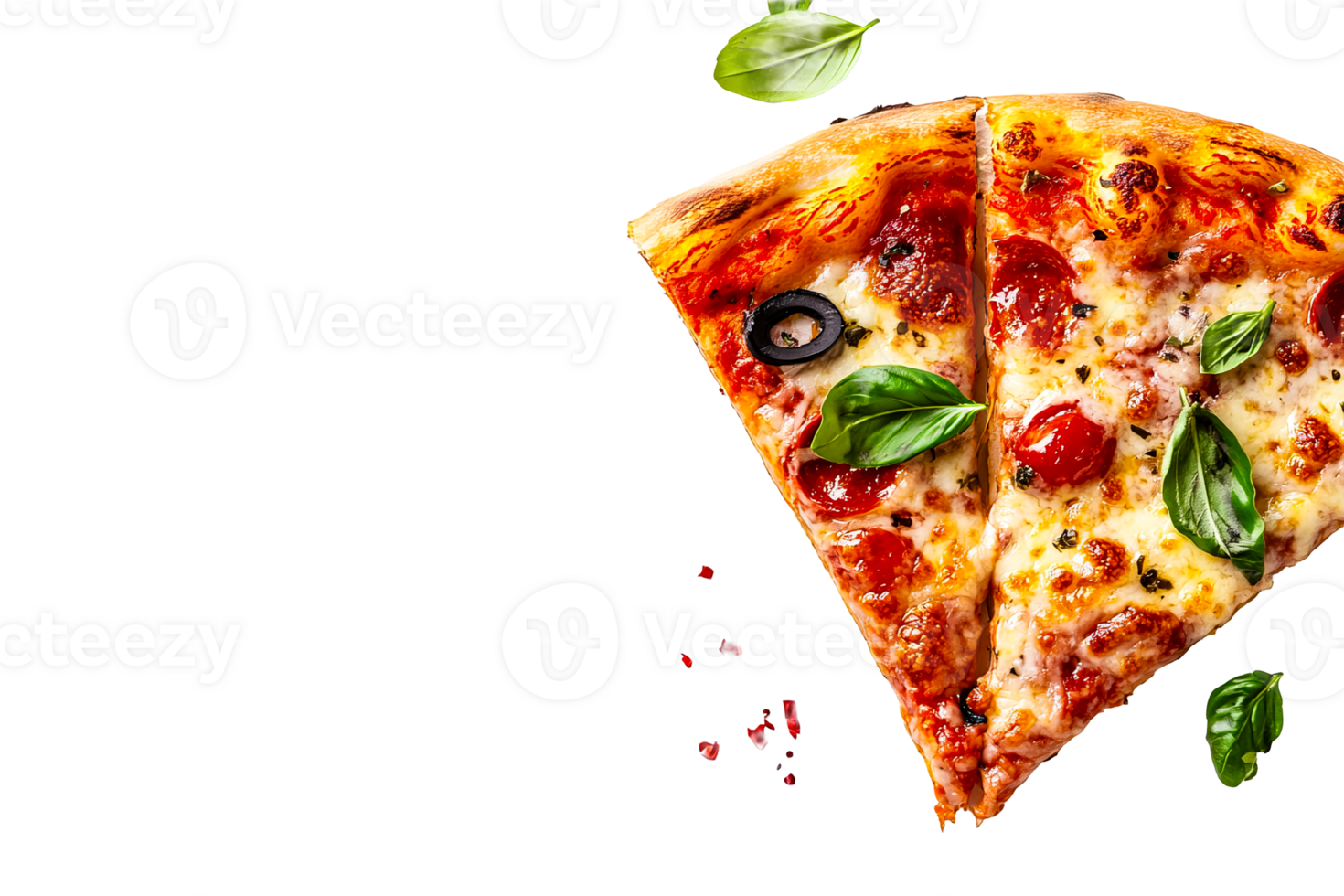Pepperoni pizza slices on black background, cut out transparent png