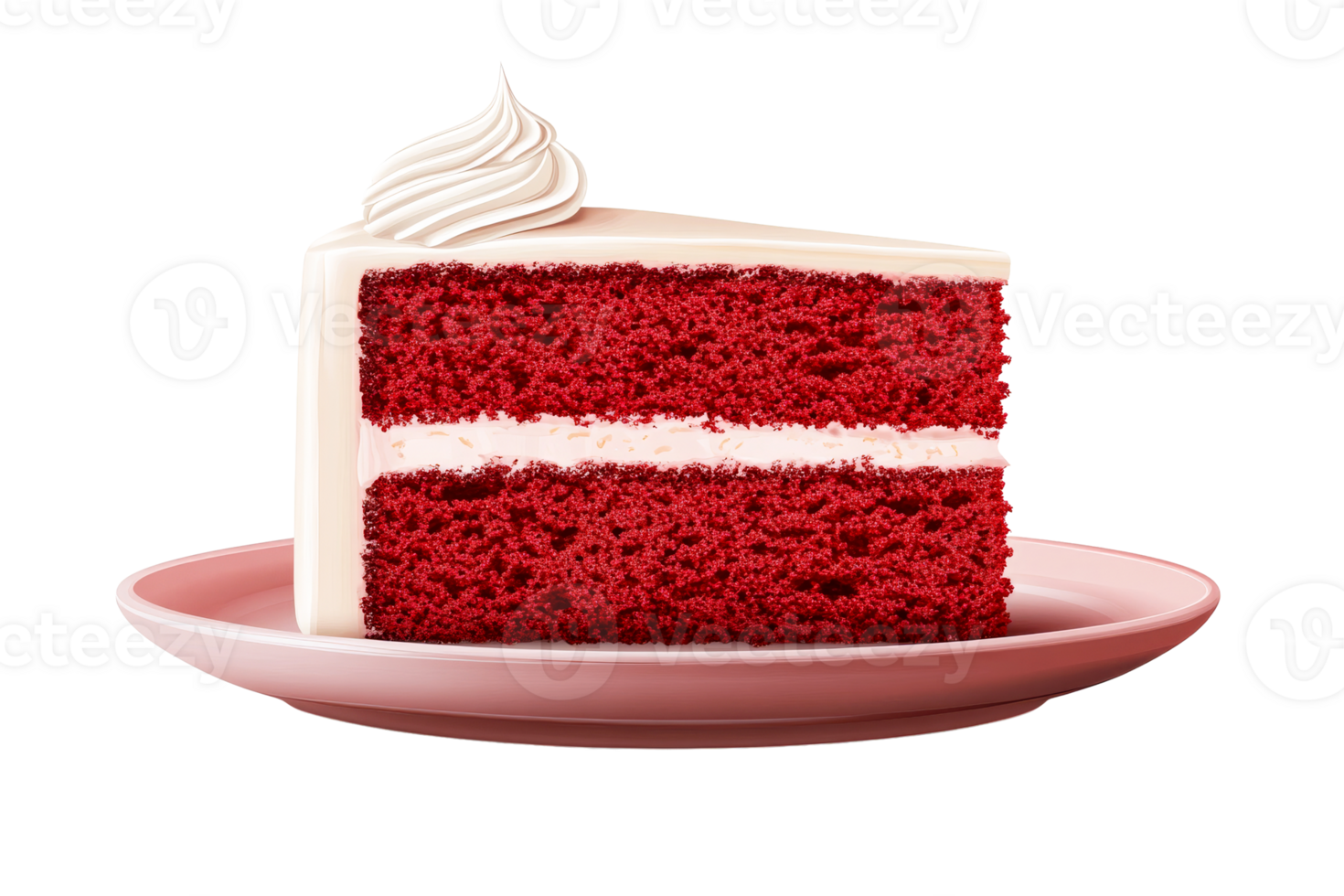 Red velvet cake slice with cream, dessert on plate, cut out transparent png